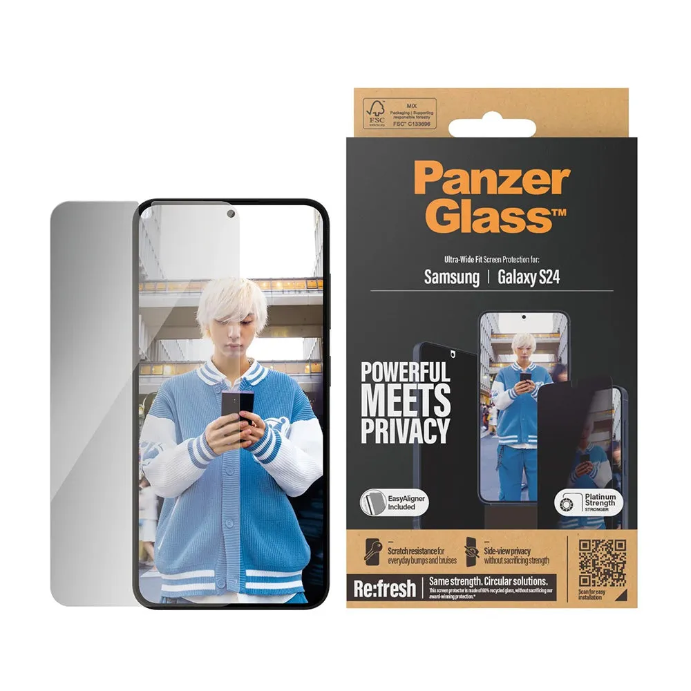 Pellicola Protettiva Schermo Privacy PanzerGlass Ultra-Wide Fit EasyAligner per Samsung Galaxy S24 S921, Vetro Temperato, Full Glue - immagine 1