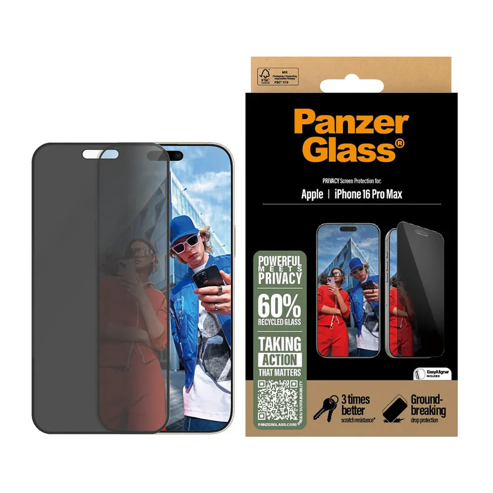 Pellicola Protettiva Schermo Privacy PanzerGlass Ultra-Wide Fit EasyAligner per Apple iPhone 16 Pro Max, Vetro Temperato, Full Glue - immagine 1
