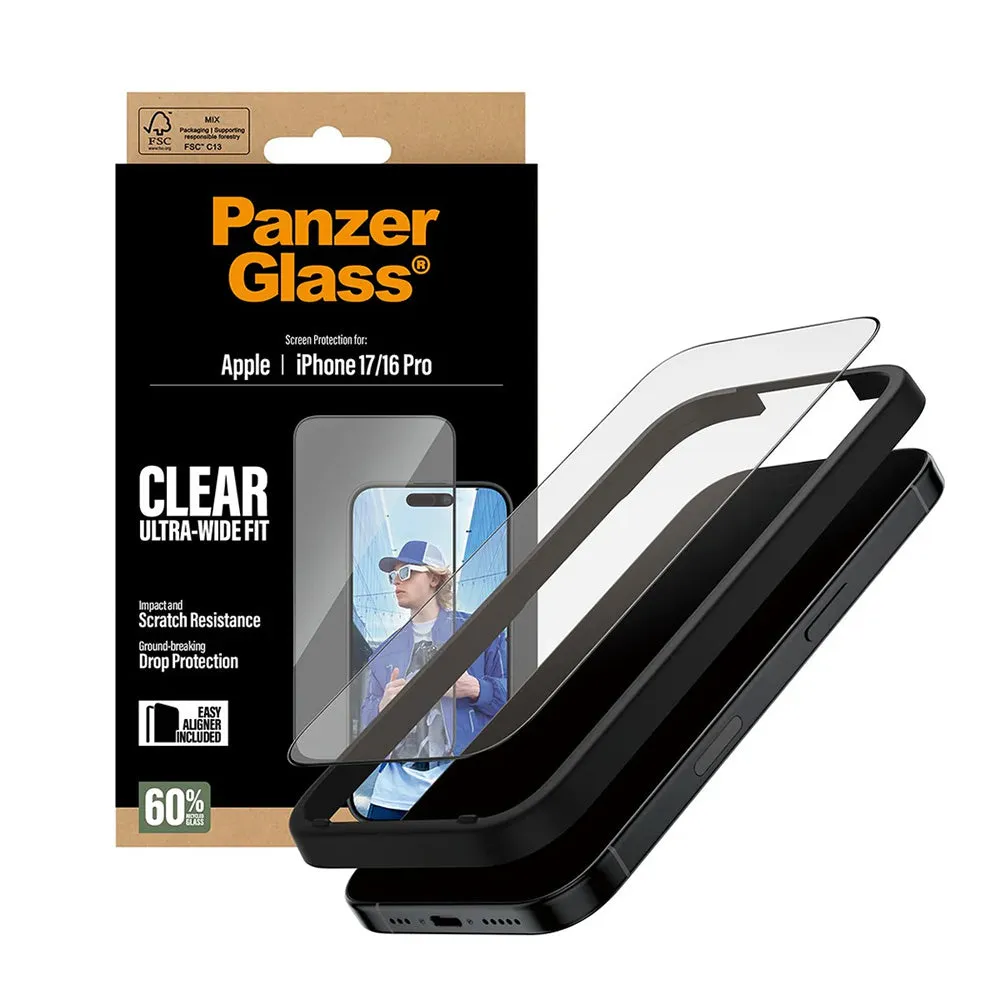Pellicola protettiva schermo PanzerGlass Ultra-Wide Fit EasyAligner per Apple iPhone 17 / 16 Pro, Vetro Temperato, Full Glue, Nera - immagine 1