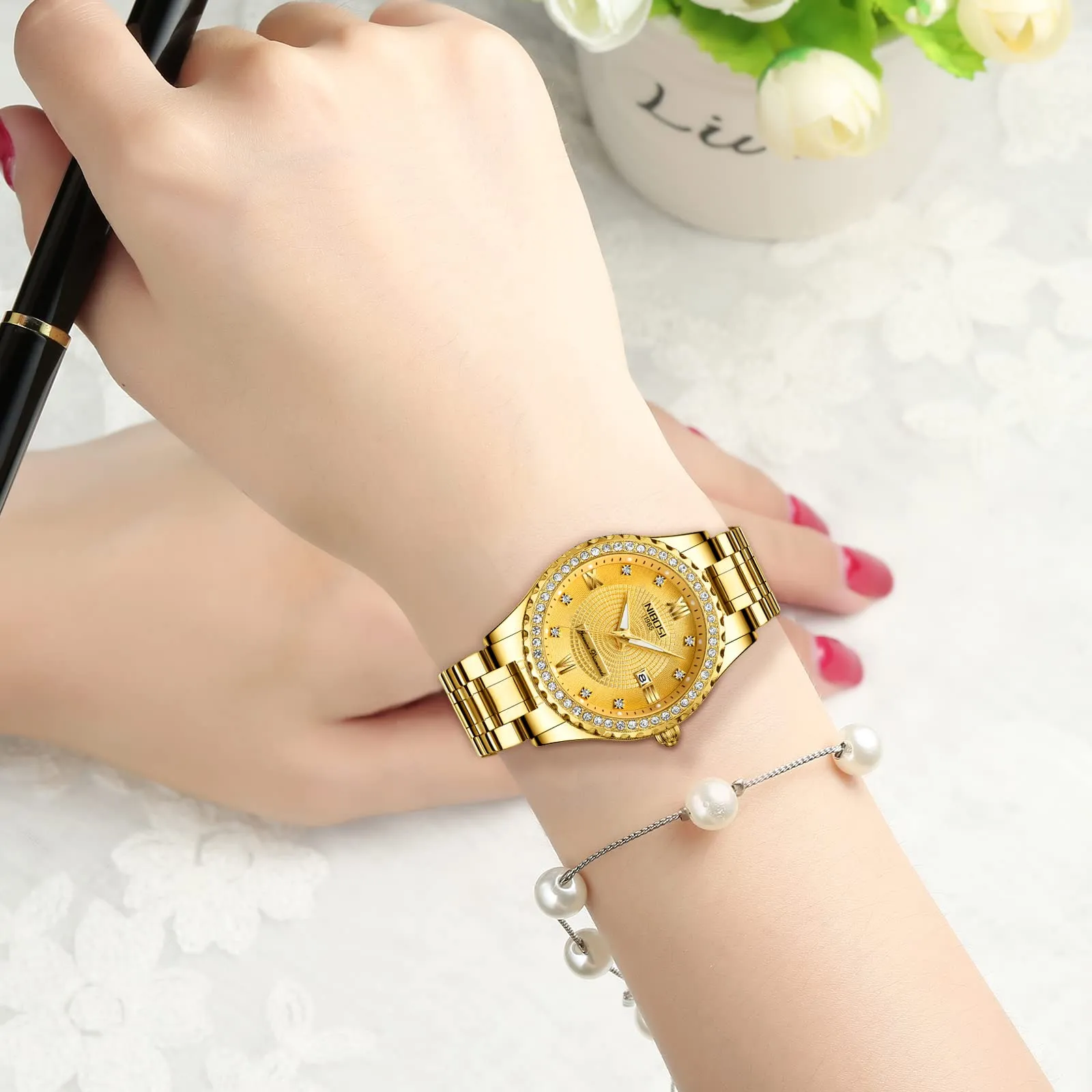 NIBOSI Orologio da polso da donna, orologio analogico al quarzo in oro rosa con quadrante a diamanti, elegante orologio da polso impermeabile per ragazze, bracciale gioiello, Bracciale - immagine 4