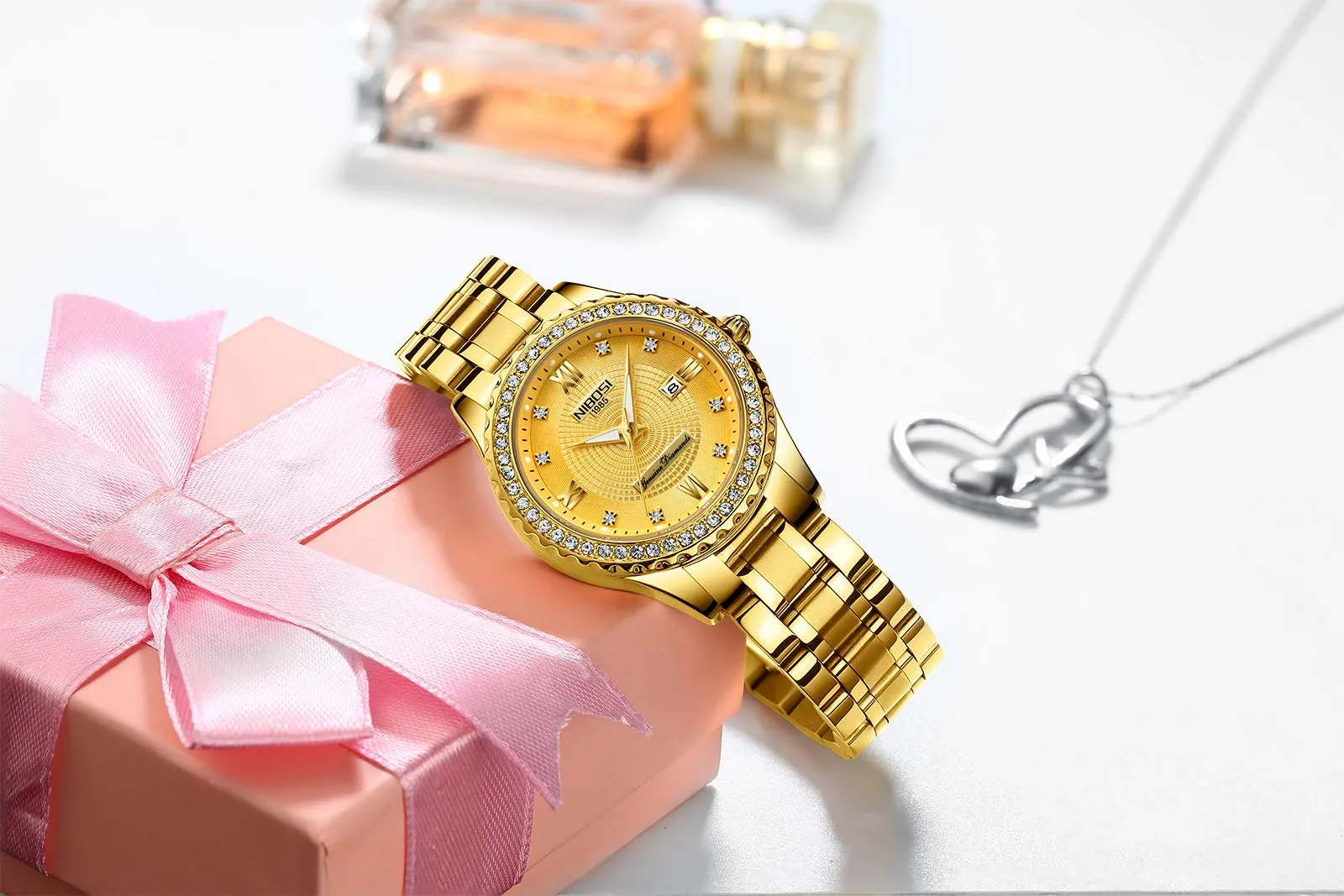 NIBOSI Orologio da polso da donna, orologio analogico al quarzo in oro rosa con quadrante a diamanti, elegante orologio da polso impermeabile per ragazze, bracciale gioiello, Bracciale - immagine 5