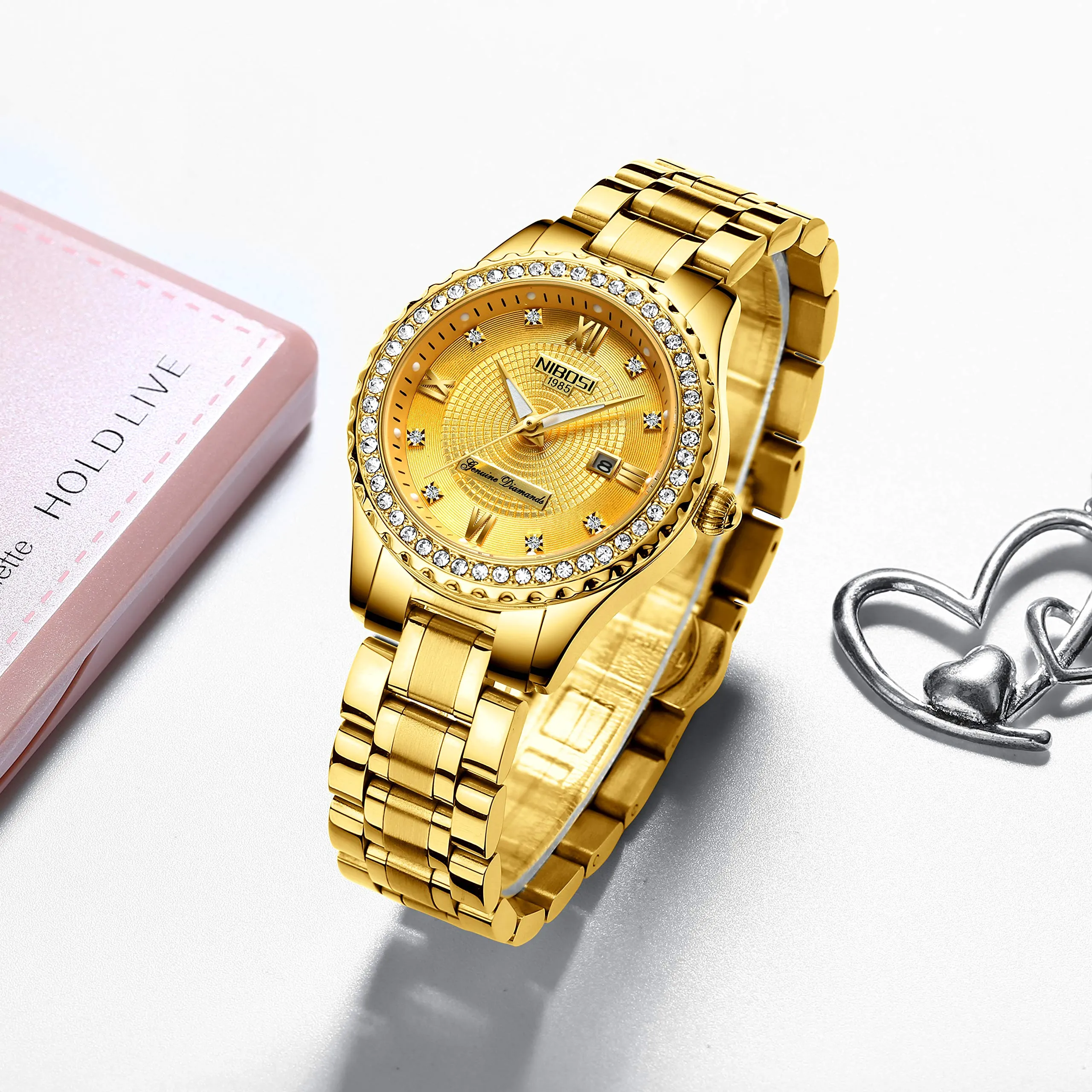 NIBOSI Orologio da polso da donna, orologio analogico al quarzo in oro rosa con quadrante a diamanti, elegante orologio da polso impermeabile per ragazze, bracciale gioiello, Bracciale - immagine 6