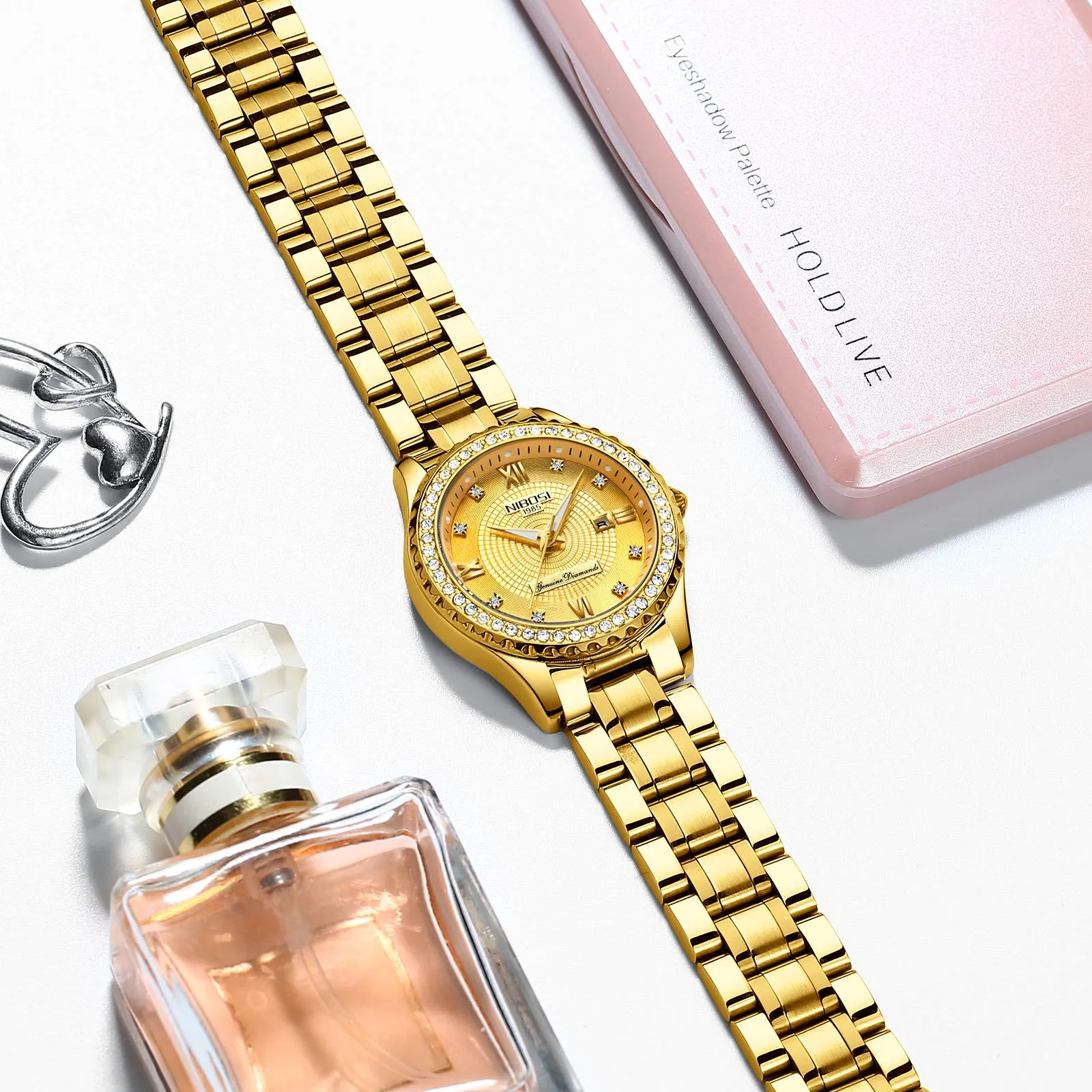 NIBOSI Orologio da polso da donna, orologio analogico al quarzo in oro rosa con quadrante a diamanti, elegante orologio da polso impermeabile per ragazze, bracciale gioiello, Bracciale - immagine 7