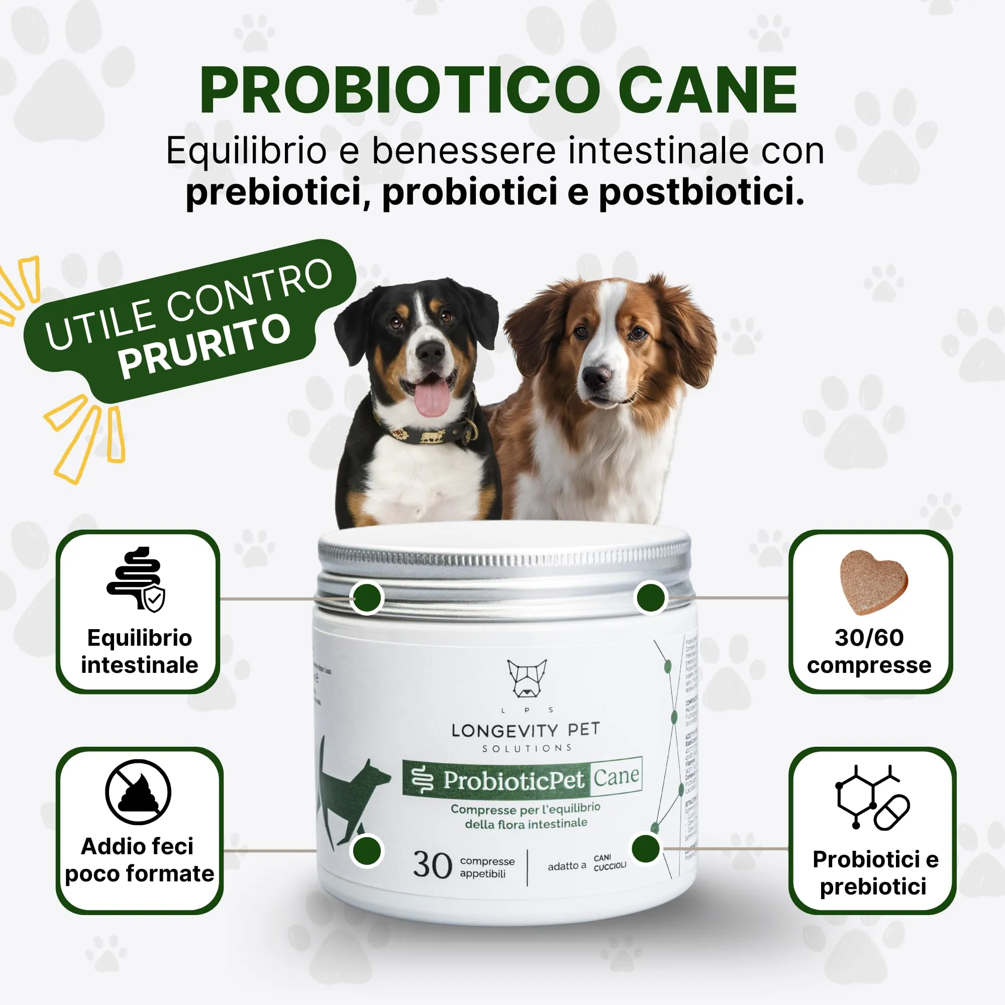 ProbioticPet Cane 30 Compresse per Prurito, Dermatite, Digestione | Probiotici per Cani FOS e MOS | Integratori per cani | Supporto per Diarrea Cane e Gatto | Made in Italy Longevity Pet - immagine 2