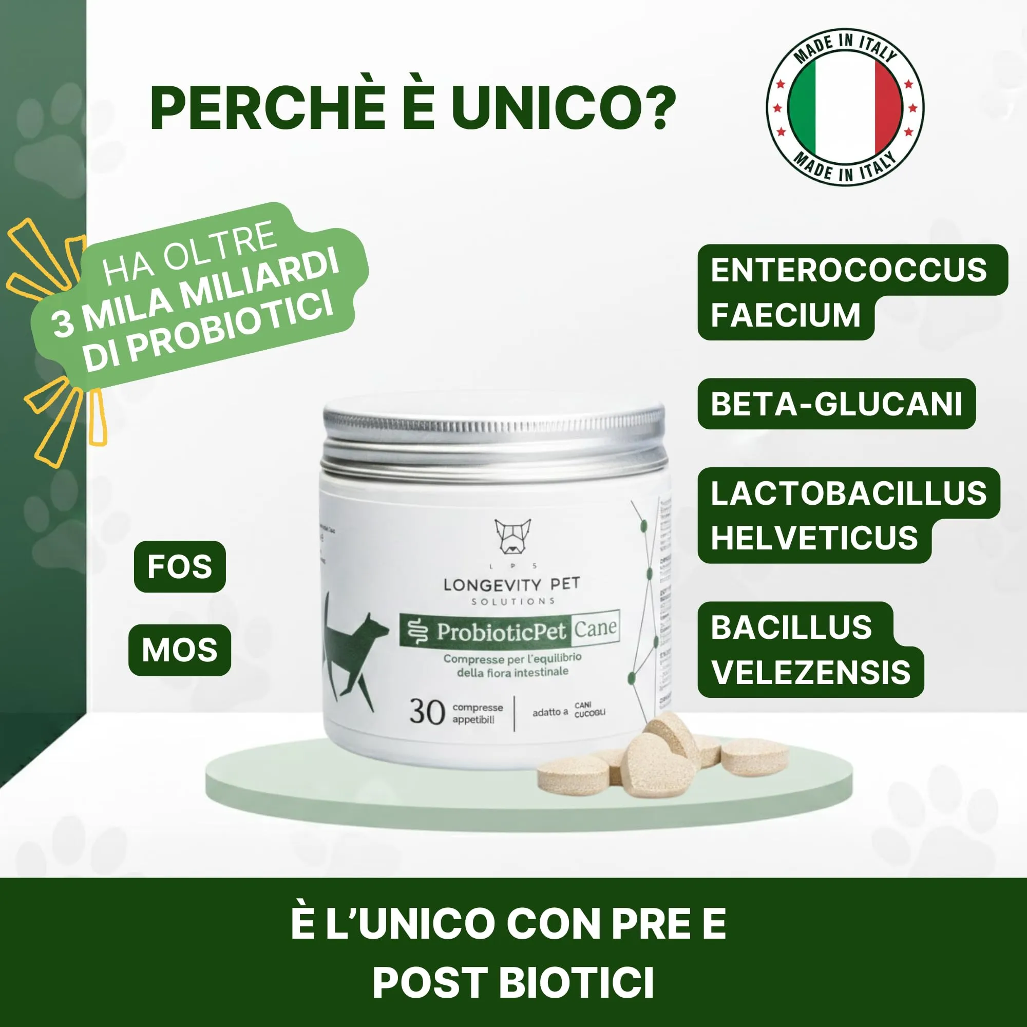 ProbioticPet Cane 30 Compresse per Prurito, Dermatite, Digestione | Probiotici per Cani FOS e MOS | Integratori per cani | Supporto per Diarrea Cane e Gatto | Made in Italy Longevity Pet - immagine 3