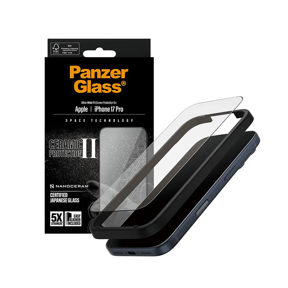 Pellicola Protettiva Schermo PanzerGlass Ultra-Wide Ceramic II EasyAligner per Apple iPhone 17 Pro, Vetro Temperato, Full Glue, Nera - immagine 1