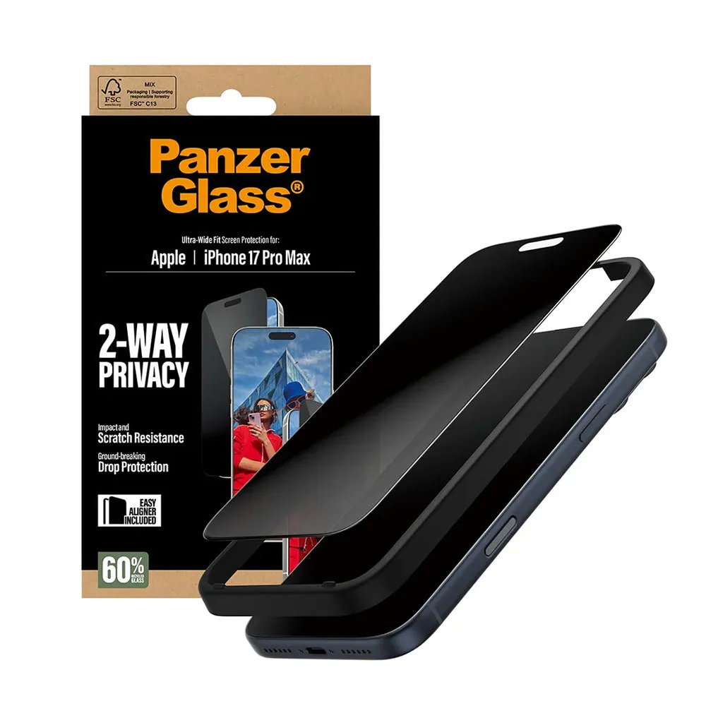 Pellicola protettiva per schermo Privacy PanzerGlass Ultra-Wide Fit 2-Way EasyAligner per Apple 17 Pro Max, Vetro Temperato, Colla Completa - immagine 1
