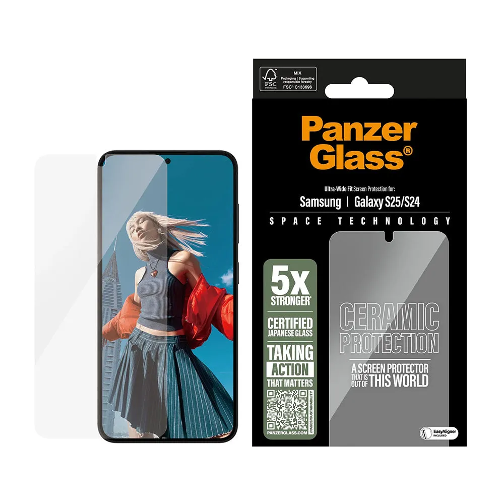 Pellicola Protettiva Schermo PanzerGlass Ultra-Wide Ceramic EasyAligner per Samsung Galaxy S25 S931 / S24 S921, Vetro Temperato, Full Glue - immagine 1