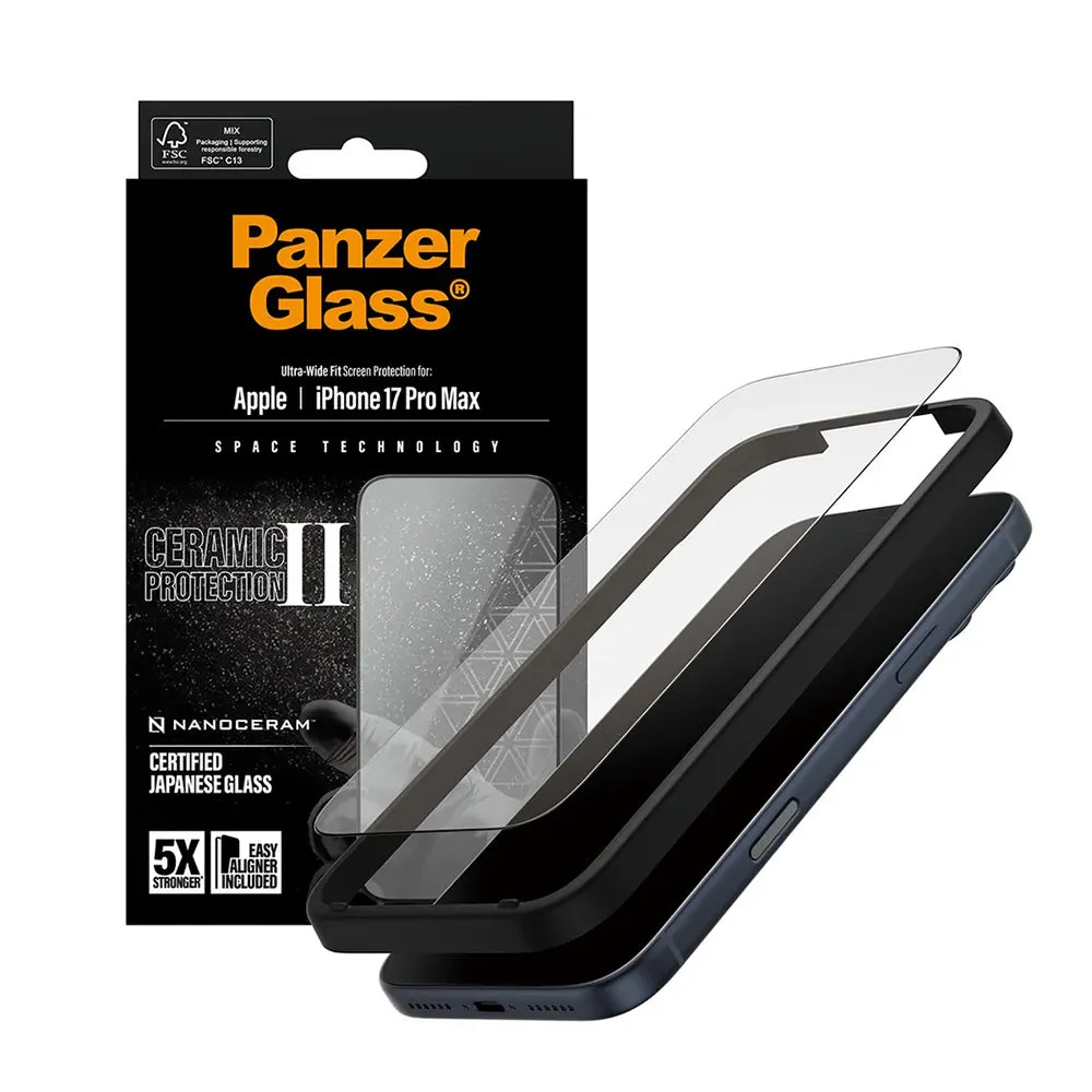 Pellicola protettiva per schermo PanzerGlass Ultra-Wide Ceramic II EasyAligner per Apple 17 Pro Max, Vetro temperato, Colla completa, Nero - immagine 1