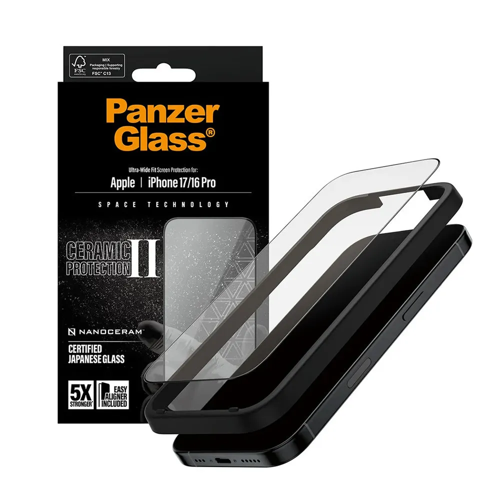 Pellicola Protettiva Schermo PanzerGlass Ultra-Wide Ceramic II EasyAligner per Apple iPhone 17 / 16 Pro, Vetro Temperato, Full Glue, Nera - immagine 1
