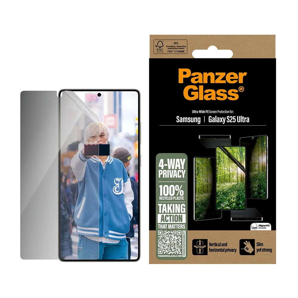 Pellicola Protettiva Schermo Privacy PanzerGlass Ultra-Wide Fit Eco Matrix 4-Way per Samsung Galaxy S25 Ultra S938, Vetro Temperato, Full Glue - immagine 1