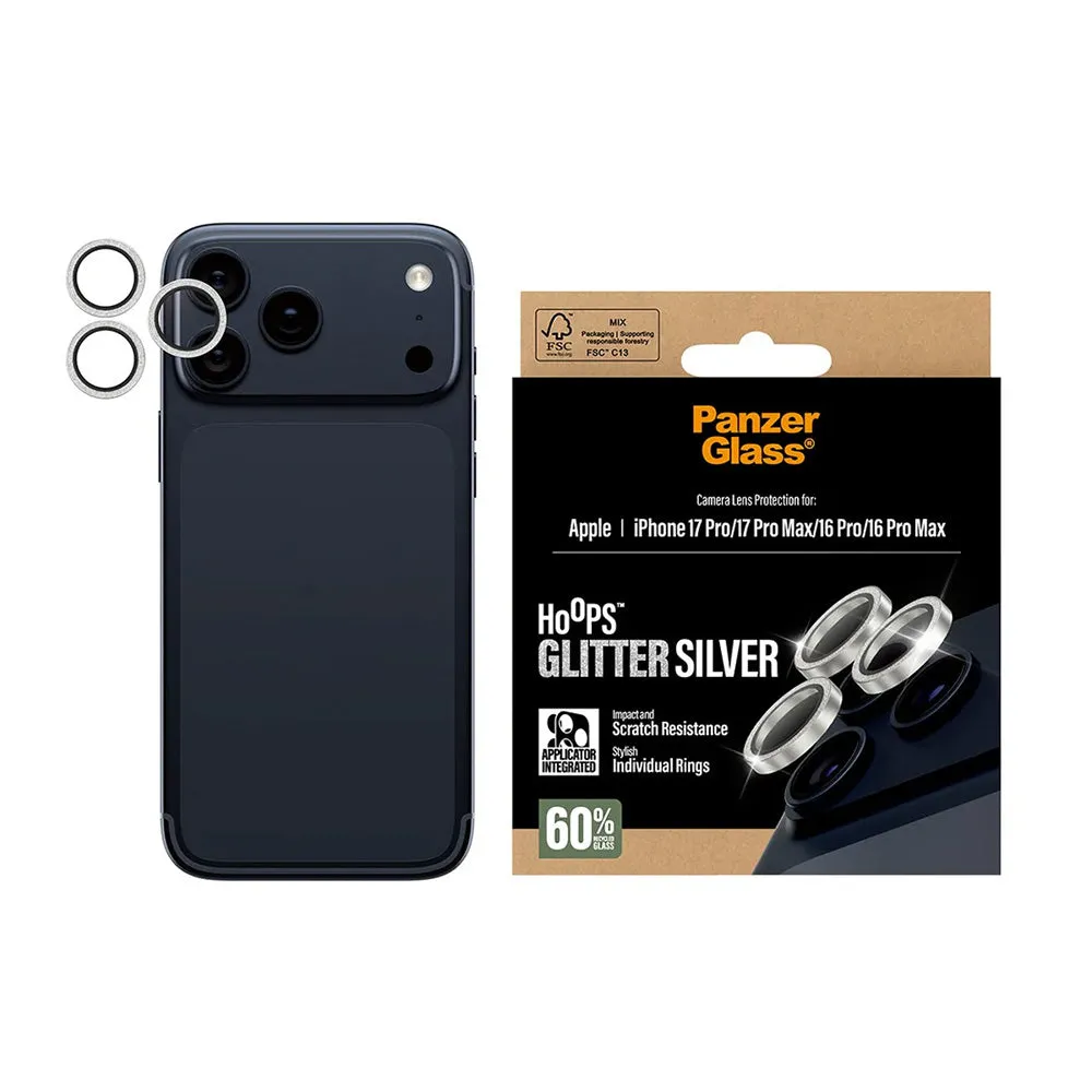 Pellicola protettiva per fotocamera posteriore PanzerGlass Hoops Glitter per Apple iPhone 17 Pro Max / 17 Pro / 16 Pro Max / 16 Pro, Vetro Temperato, Argento - immagine 1