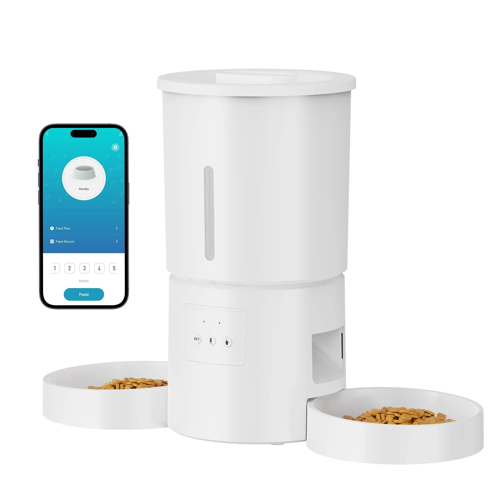 Distributore Automatico Cibo Gatti 2 Ciotole: 5L Distributore Automatico Cibo Cane con Timer WiFi 2.4G per Crocchette - Design Doppia Ciotola per Famiglie con Più Gatti & Cani - Bianco - immagine 1
