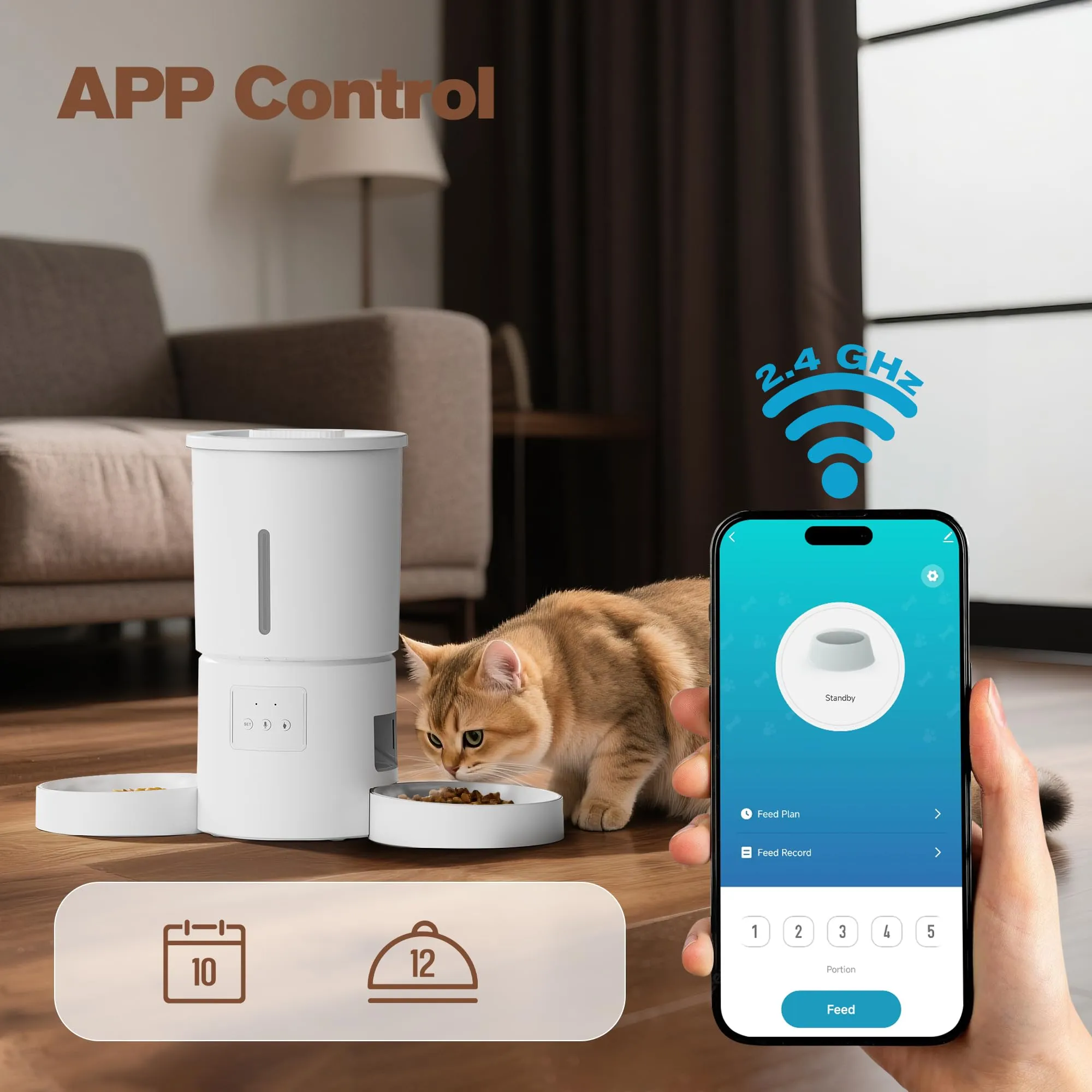 Distributore Automatico Cibo Gatti 2 Ciotole: 5L Distributore Automatico Cibo Cane con Timer WiFi 2.4G per Crocchette - Design Doppia Ciotola per Famiglie con Più Gatti & Cani - Bianco - immagine 2