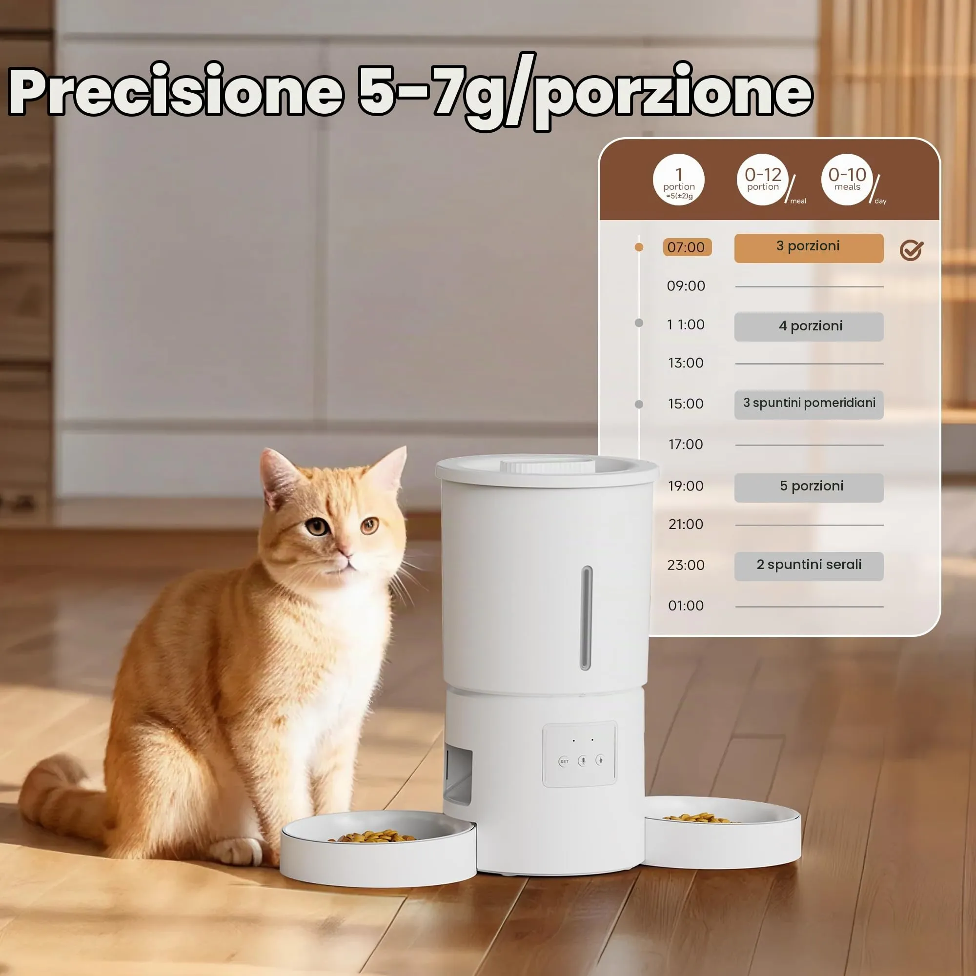 Distributore Automatico Cibo Gatti 2 Ciotole: 5L Distributore Automatico Cibo Cane con Timer WiFi 2.4G per Crocchette - Design Doppia Ciotola per Famiglie con Più Gatti & Cani - Bianco - immagine 3
