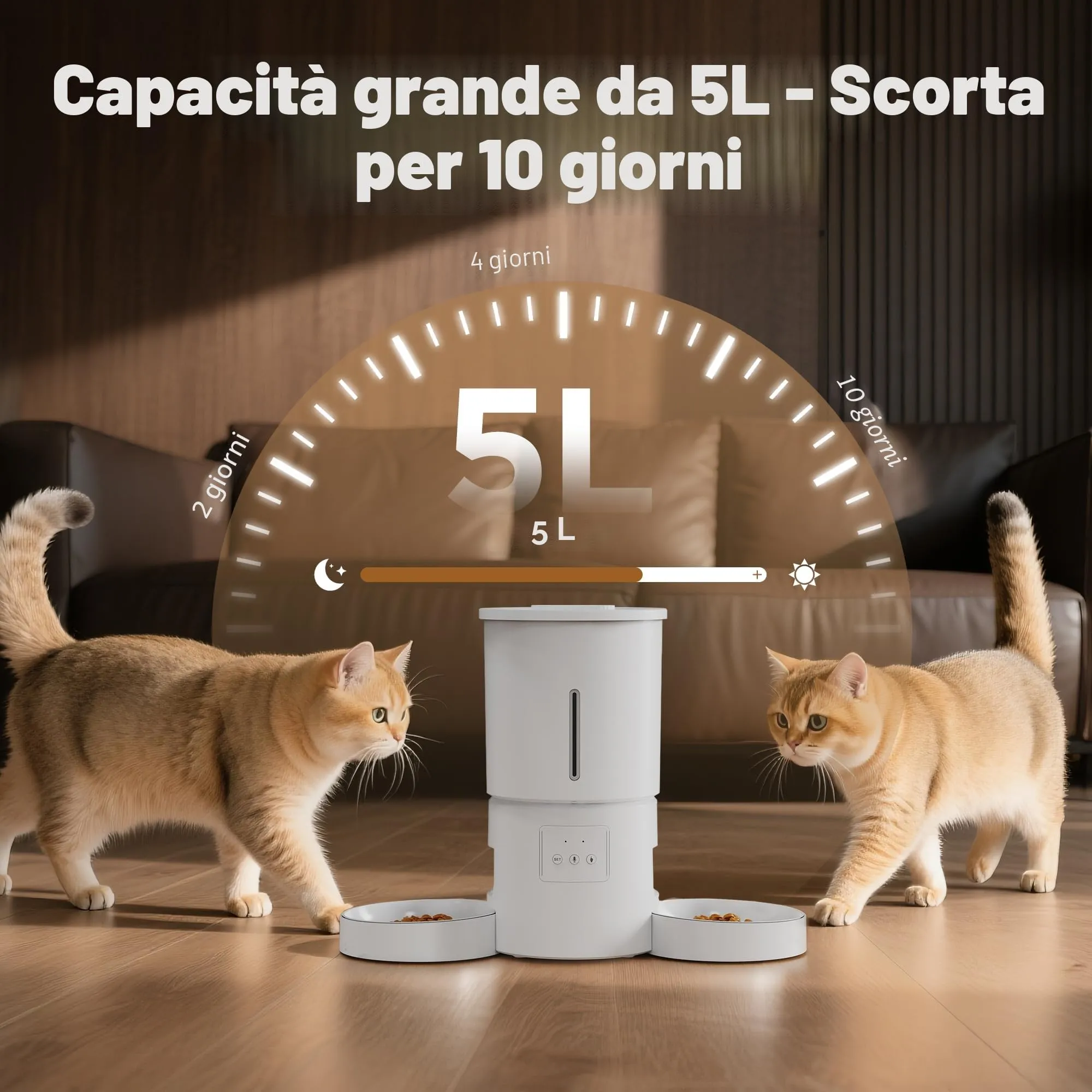 Distributore Automatico Cibo Gatti 2 Ciotole: 5L Distributore Automatico Cibo Cane con Timer WiFi 2.4G per Crocchette - Design Doppia Ciotola per Famiglie con Più Gatti & Cani - Bianco - immagine 5
