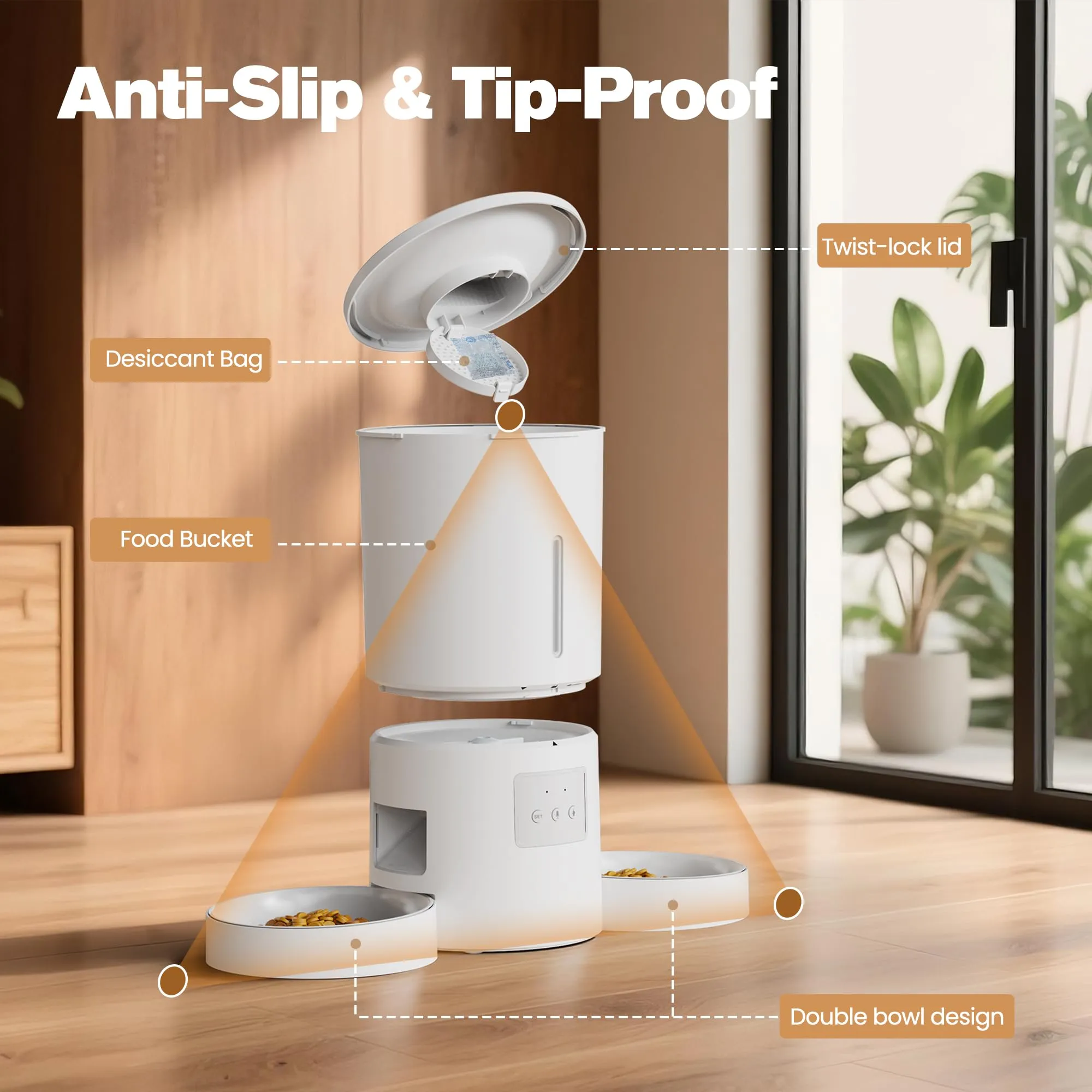 Distributore Automatico Cibo Gatti 2 Ciotole: 5L Distributore Automatico Cibo Cane con Timer WiFi 2.4G per Crocchette - Design Doppia Ciotola per Famiglie con Più Gatti & Cani - Bianco - immagine 9