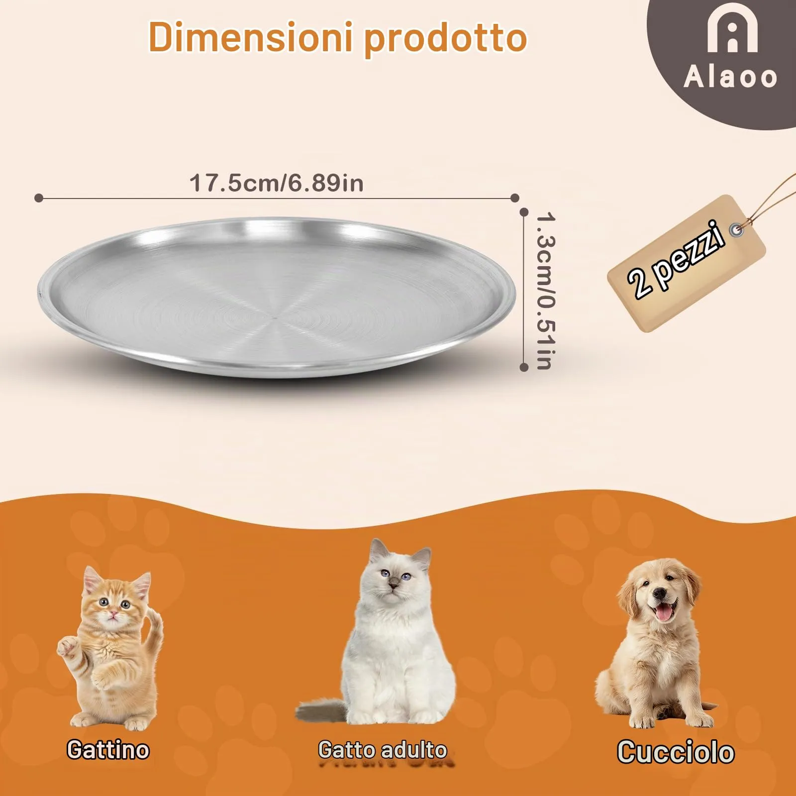 Alaoo 2 Pezzi Ciotole Piatte per Gatti in Acciaio Inox, 17 cm - immagine 2
