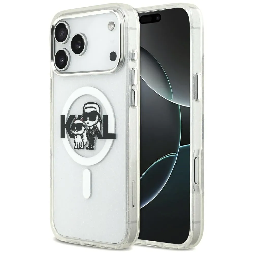 Custodia MagSafe per Apple iPhone 17 Pro Max, Karl Lagerfeld, IML Sketch Logo Glitter Karl & Choupette, Trasparente - immagine 1