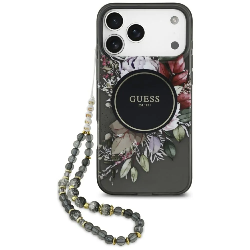 Custodia MagSafe per Apple iPhone 17 Pro Max, Guess, IML Flowers with Pearl Strap, Nera - immagine 1