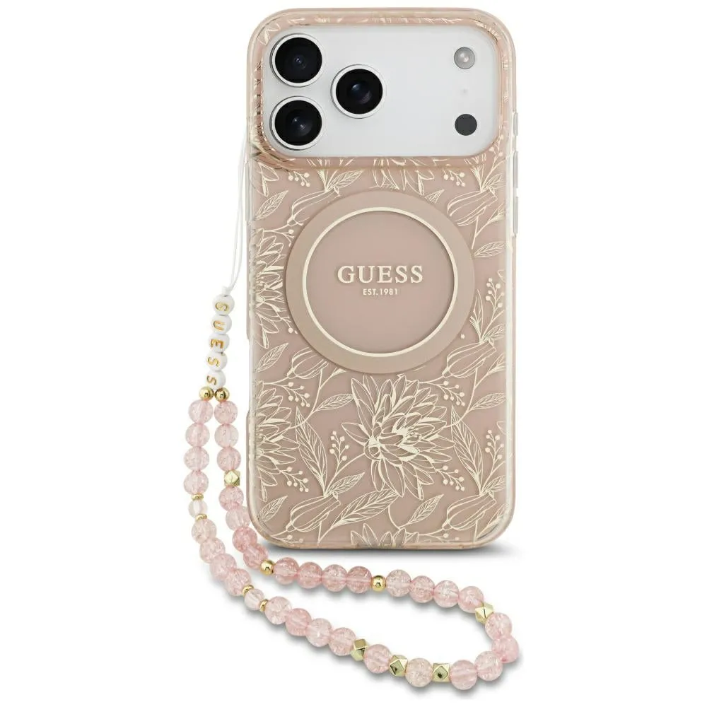 Custodia MagSafe per Apple iPhone 17 Pro Max, Guess, IML Flowers Allover Electroplated with Pearl Strap, Rosa - immagine 1