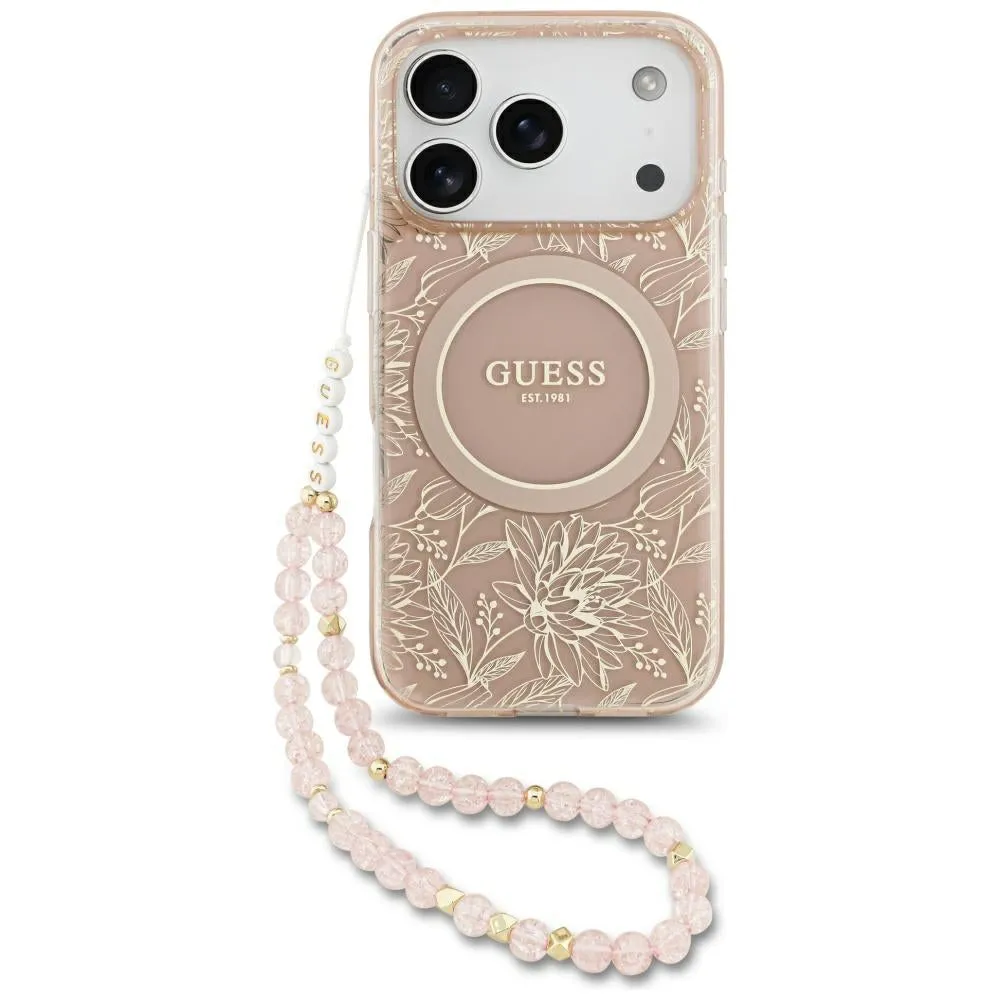 Custodia MagSafe per Apple iPhone 17 Pro, Guess, IML Flowers Allover Electroplated with Pearl Strap, Rosa - immagine 1