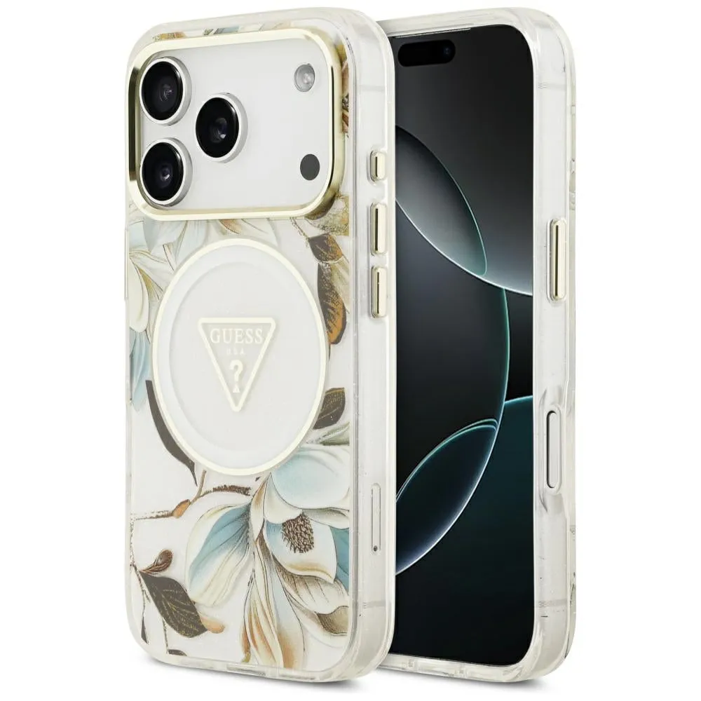 Custodia MagSafe per Apple iPhone 17 Pro Max, Guess, IML Metal Glitter Flowers Triangle, Bianca - immagine 1