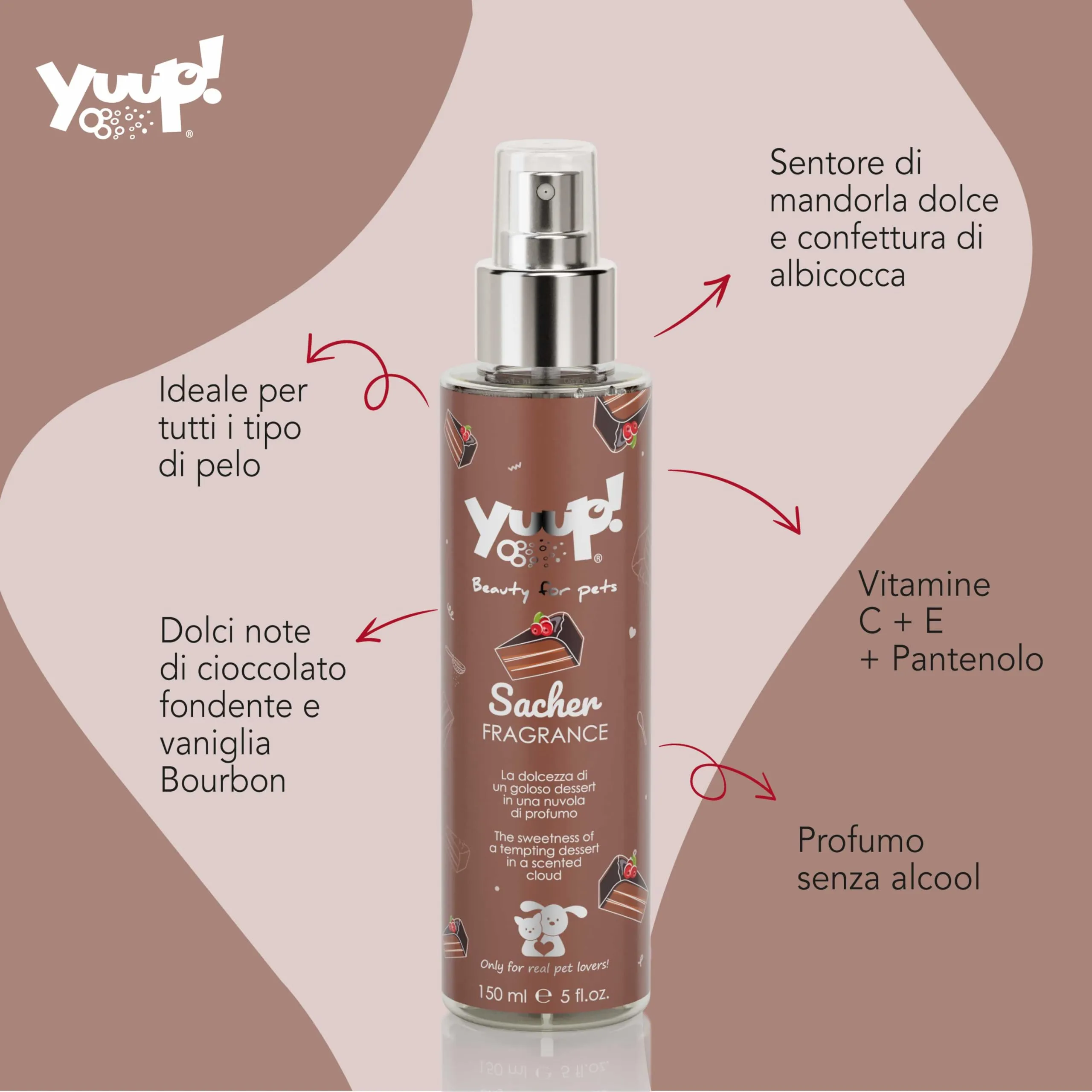 YUUP! - Acqua profumata condizionante per cane e gatto senza alcool Sacher, 150 ml, profumo a lunga durata con note di cioccolato fondente e vaniglia - immagine 2