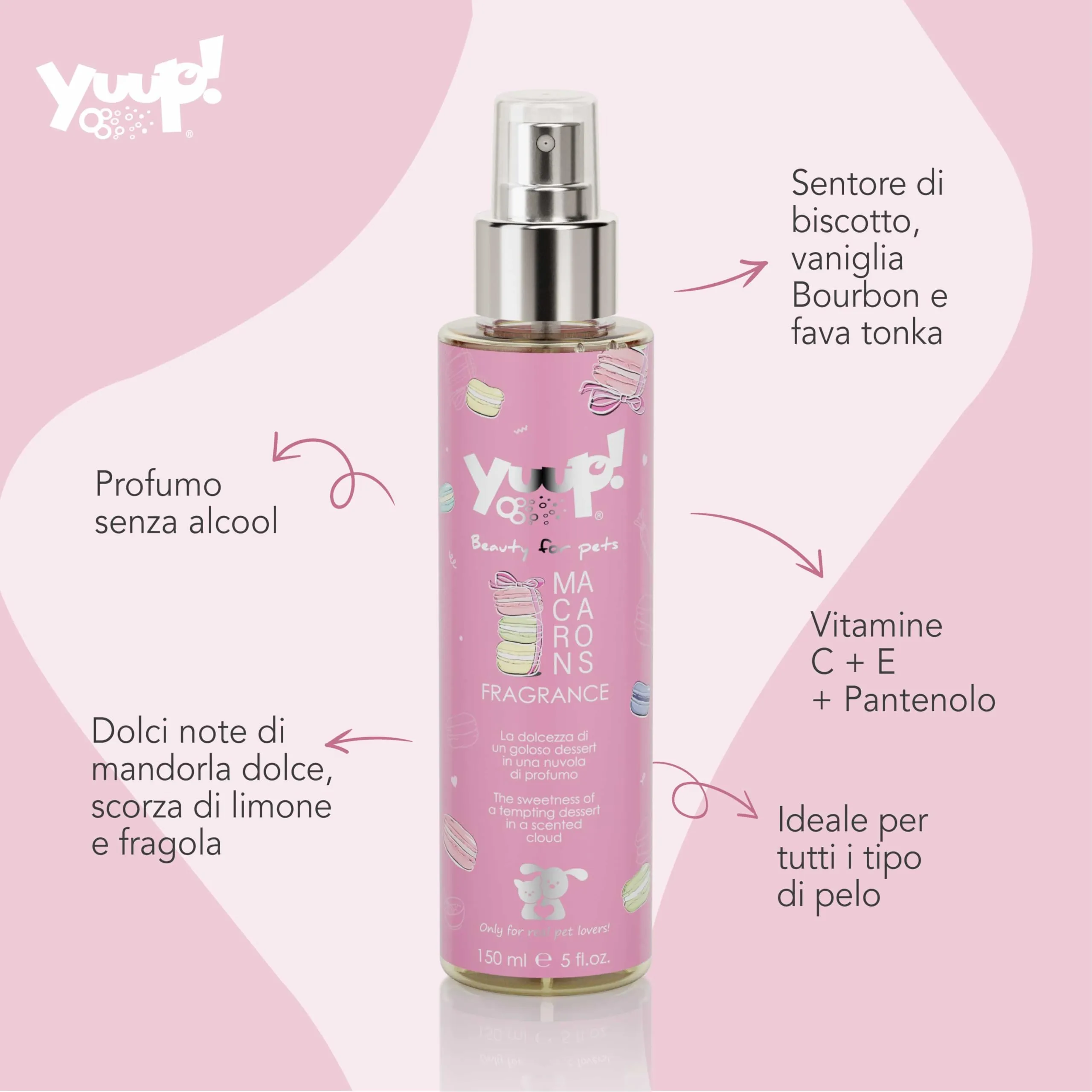 YUUP! - Acqua profumata condizionante per cane e gatto senza alcool Macarons, 150 ml, profumo a lunga durata con note di mandorle dolci, scorza di limone e fragola - immagine 2
