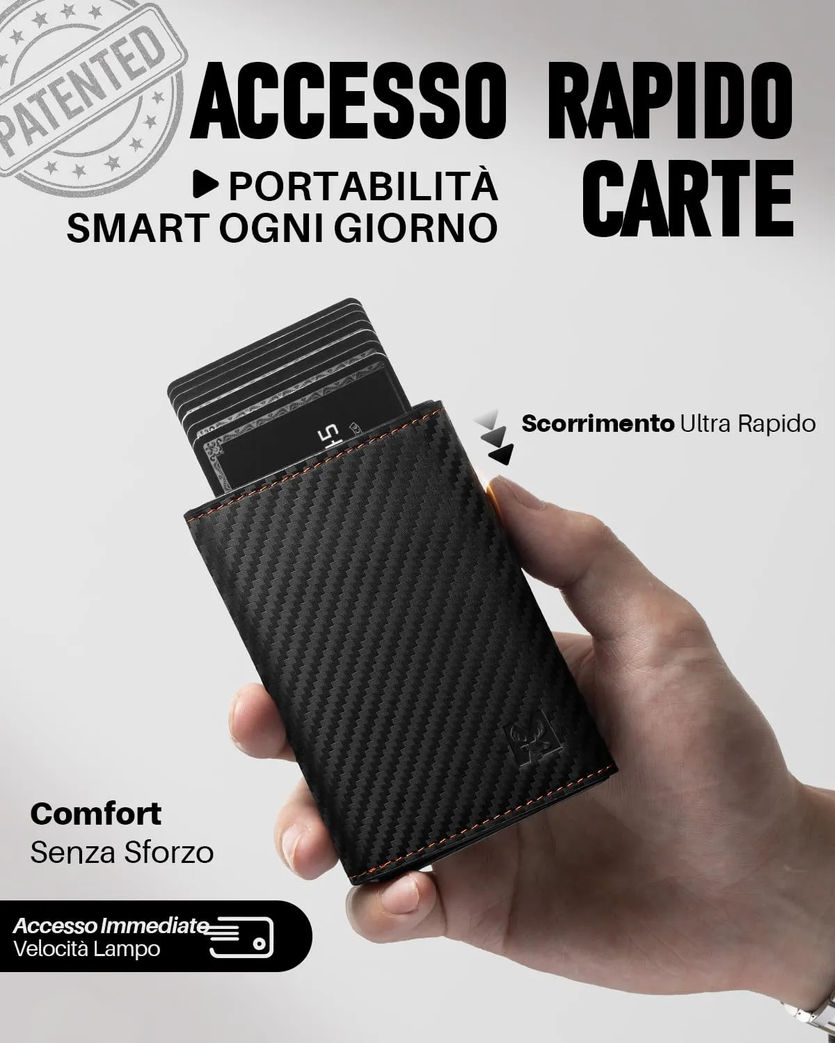MYSHION Portafoglio Pop-Up da Uomo con Tasca per Monete, Portafoglio Trifold con Finestra ID, Porta Carte RFID Intelligente con 6 Scomparti per Fino a 11 Carte (Arancione Carbon) - immagine 2