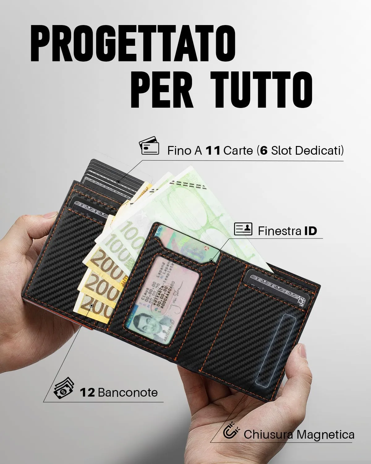 MYSHION Portafoglio Pop-Up da Uomo con Tasca per Monete, Portafoglio Trifold con Finestra ID, Porta Carte RFID Intelligente con 6 Scomparti per Fino a 11 Carte (Arancione Carbon) - immagine 3