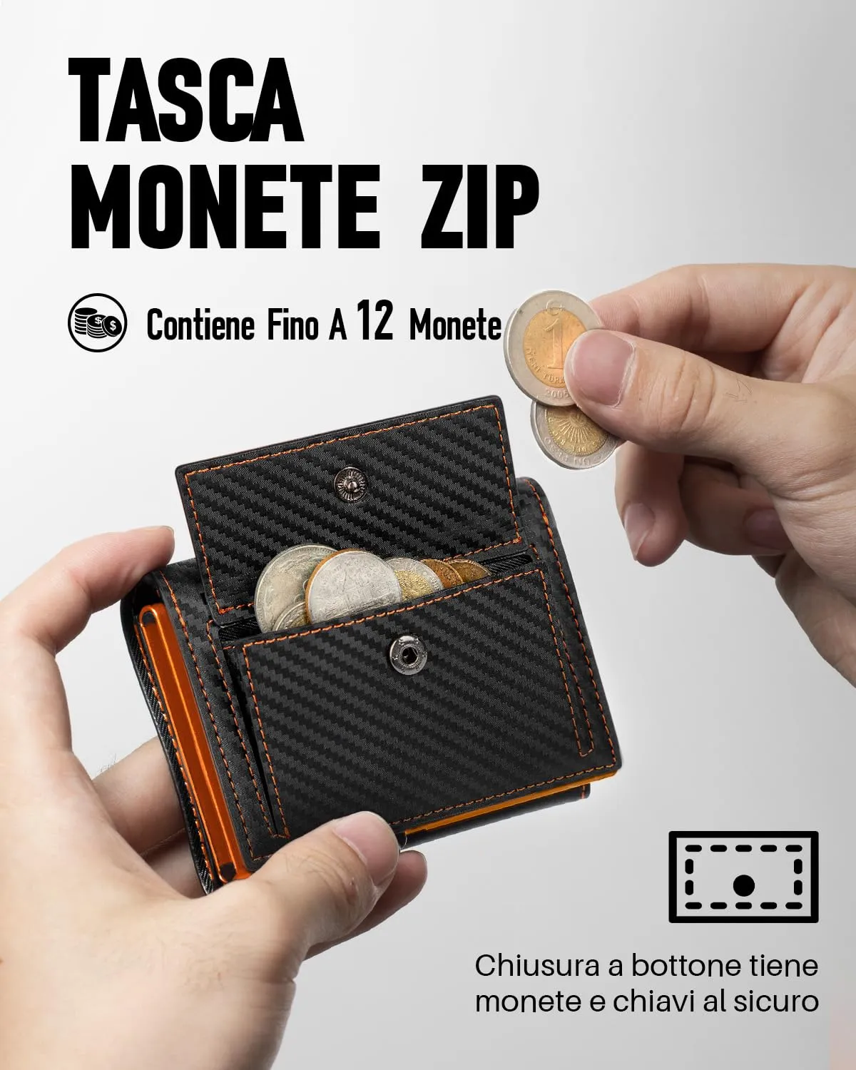 MYSHION Portafoglio Pop-Up da Uomo con Tasca per Monete, Portafoglio Trifold con Finestra ID, Porta Carte RFID Intelligente con 6 Scomparti per Fino a 11 Carte (Arancione Carbon) - immagine 4