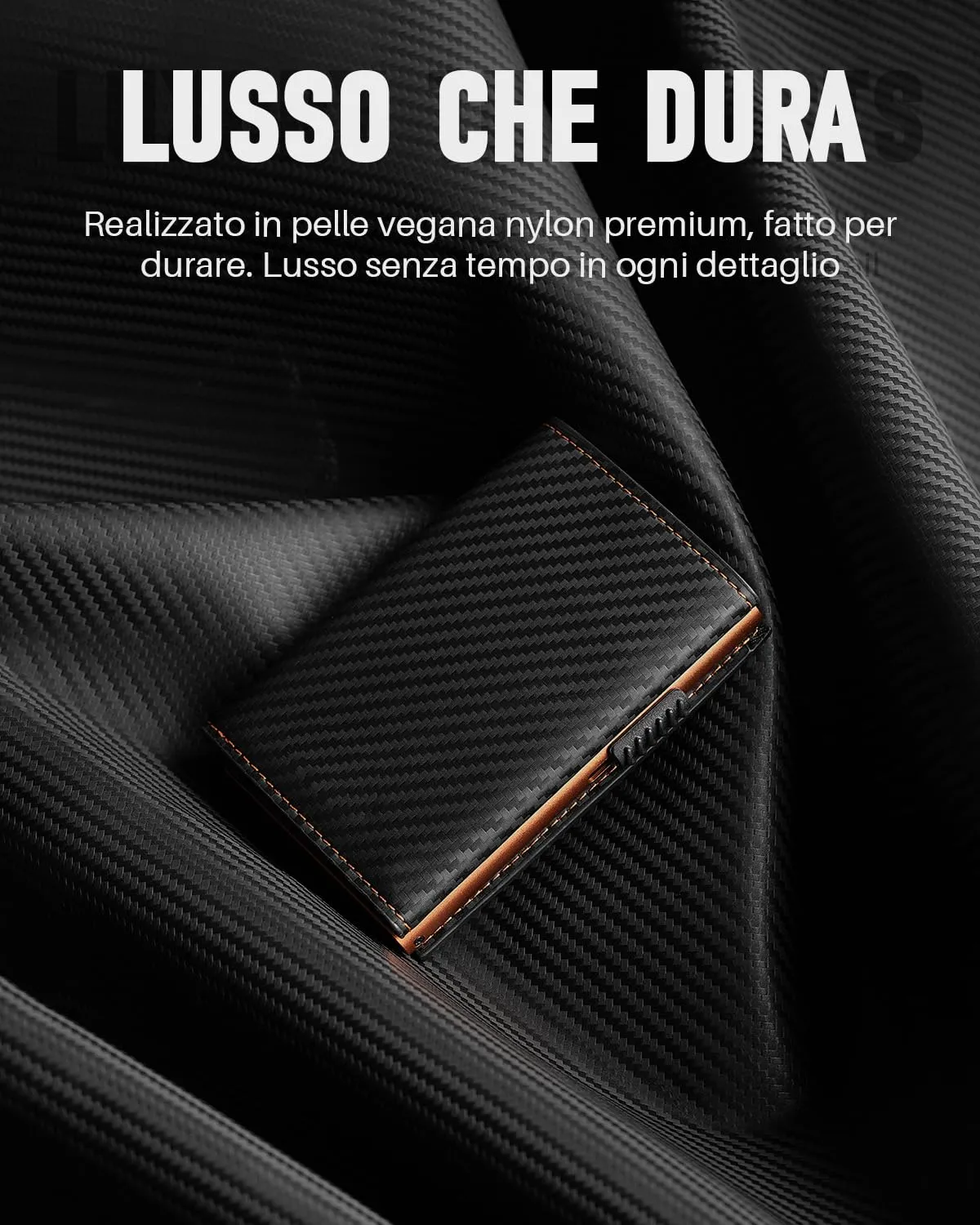 MYSHION Portafoglio Pop-Up da Uomo con Tasca per Monete, Portafoglio Trifold con Finestra ID, Porta Carte RFID Intelligente con 6 Scomparti per Fino a 11 Carte (Arancione Carbon) - immagine 8