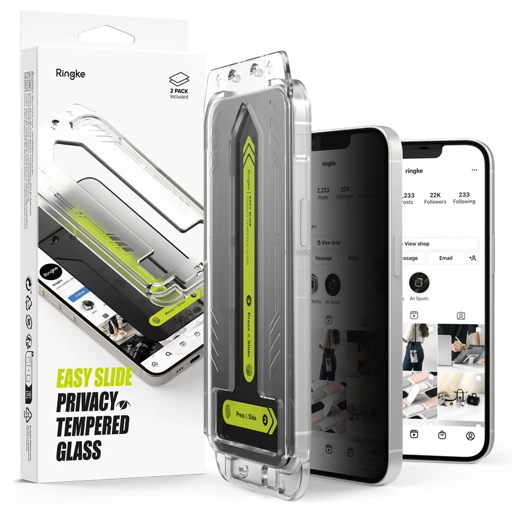 Pellicola Protettiva Schermo Privacy Ringke Easy Slide per Apple iPhone 17e / 16e / 14 / 13 Pro, Vetro Temperato, Full Glue, Set 2 pezzi - immagine 1
