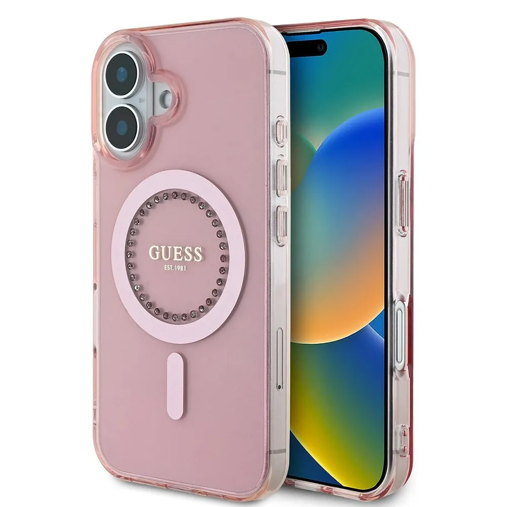Custodia MagSafe per Apple iPhone 16, Guess, Anello con Strass IML, Rosa - immagine 1
