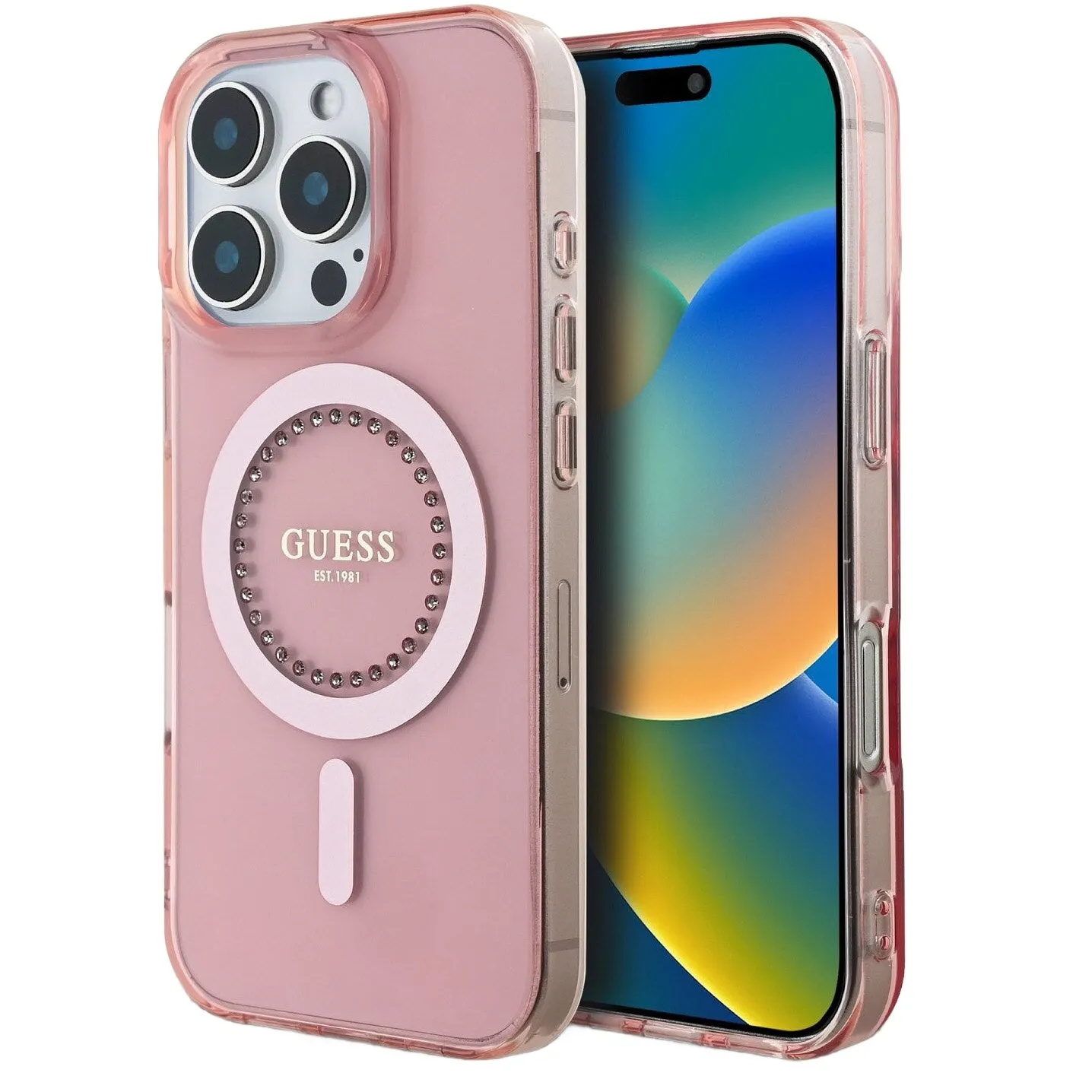 Custodia MagSafe per Apple iPhone 16 Pro Max, Guess, Anello IML con Strass, Rosa - immagine 1
