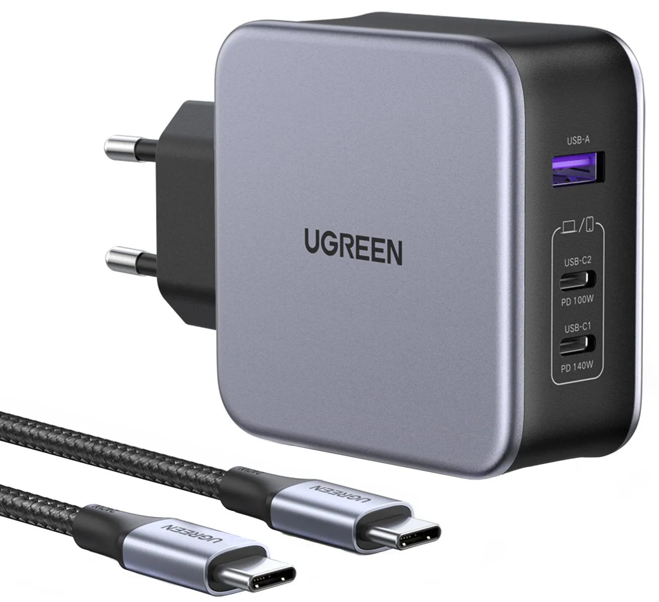 Caricabatterie da Rete con Cavo USB-C UGREEN CD289, 140W, 5A, 1 x USB-A - 2 x USB-C, Grigio - immagine 1