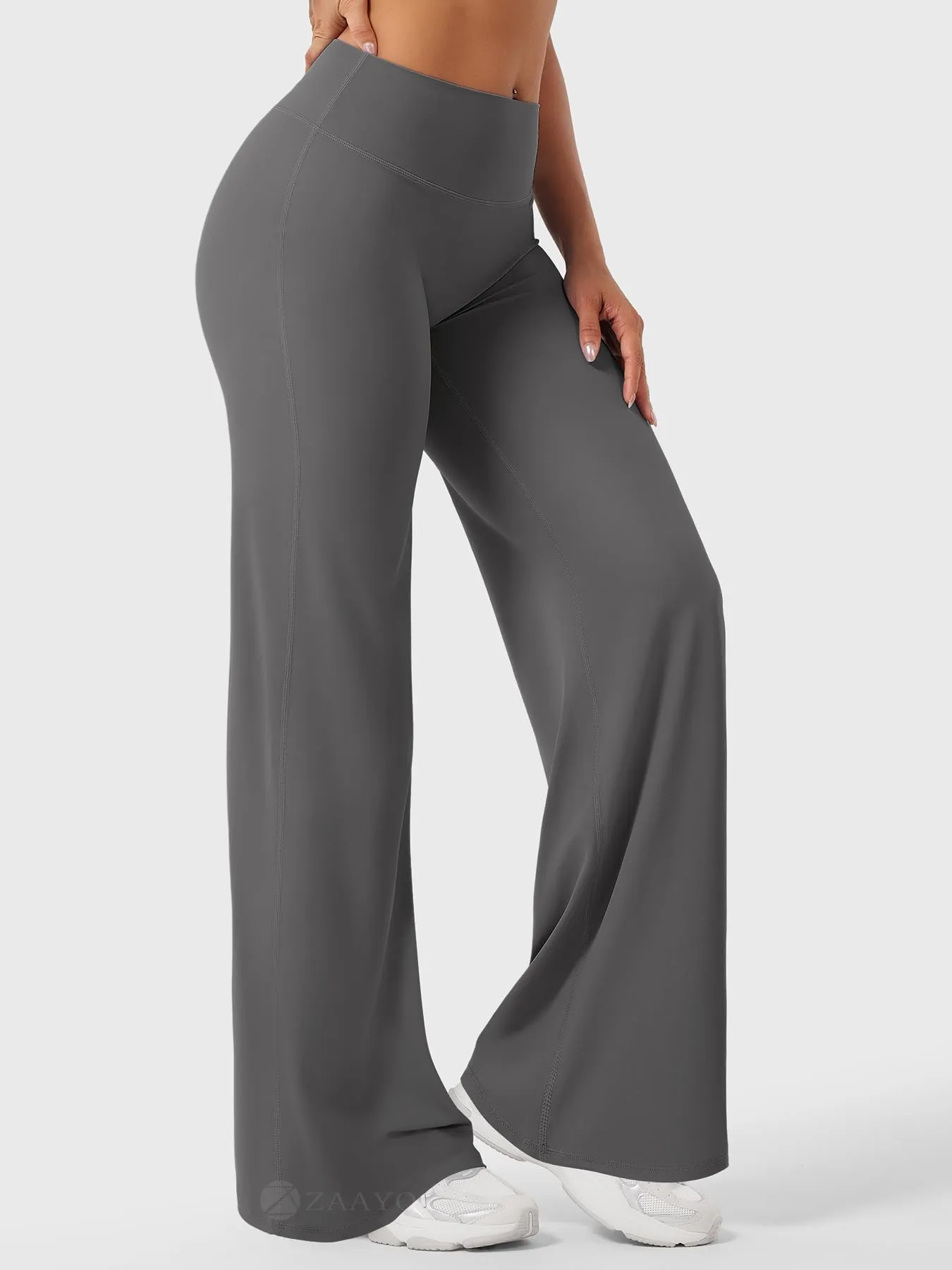 ZAAYO Leggings dritti senza cuciture per donna, vita alta, svasati - Pantaloni da yoga, pantaloni da yoga, pantaloni svasati per donna, pantaloni svasati Regular / Lunghi / Extra lunghi, grigio, M - immagine 4
