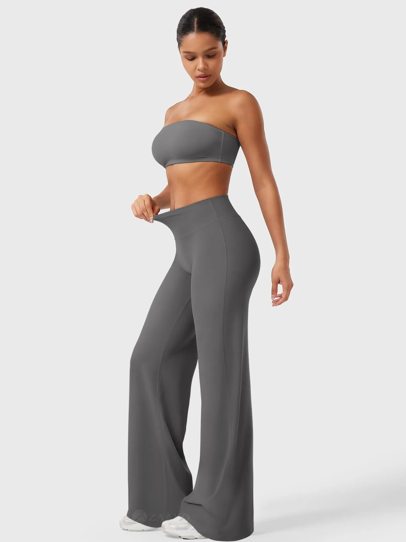 ZAAYO Leggings dritti senza cuciture per donna, vita alta, svasati - Pantaloni da yoga, pantaloni da yoga, pantaloni svasati per donna, pantaloni svasati Regular / Lunghi / Extra lunghi, grigio, M - immagine 5