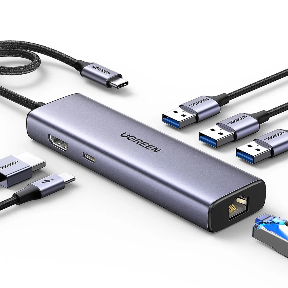 Hub USB-C UGREEN CM512 (15598), 3 x USB-A 3.0 - 1 x USB-C - 1 x HDMI - 1 x RJ45, Grigio - immagine 1