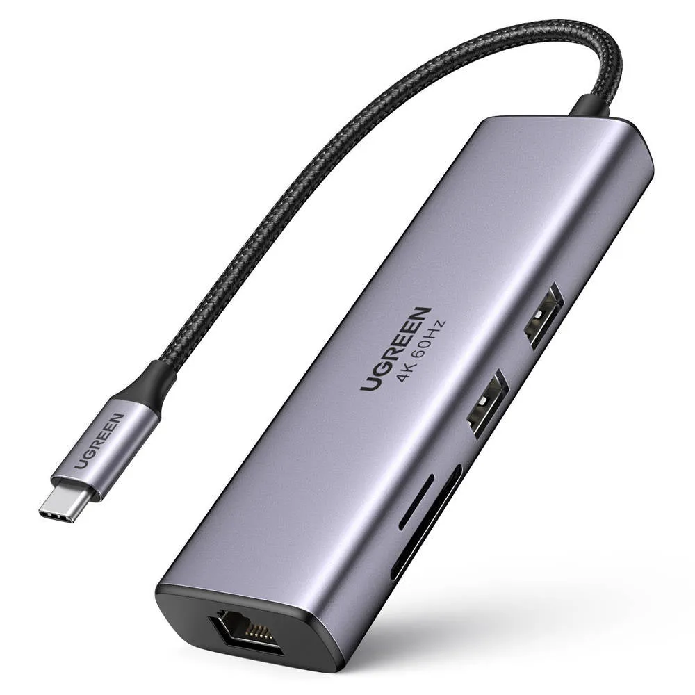 Hub USB-C UGREEN CM512 (60515), 2 x USB-A 3.0 - 1 x USB-C - 1 x HDMI - 1 x SD - 1 x microSD - 1 x RJ45, Grigio - immagine 1