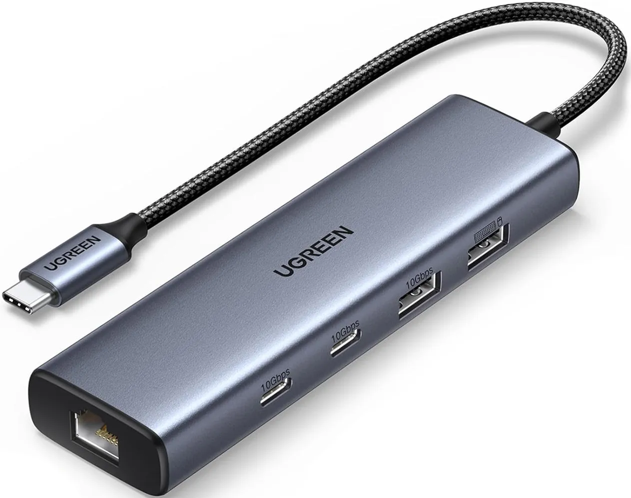 Hub USB-C UGREEN CM512, 1 x USB-A 3.2 - 1 x USB-A - 3 x USB-C - 1 x RJ45, Grigio - immagine 1