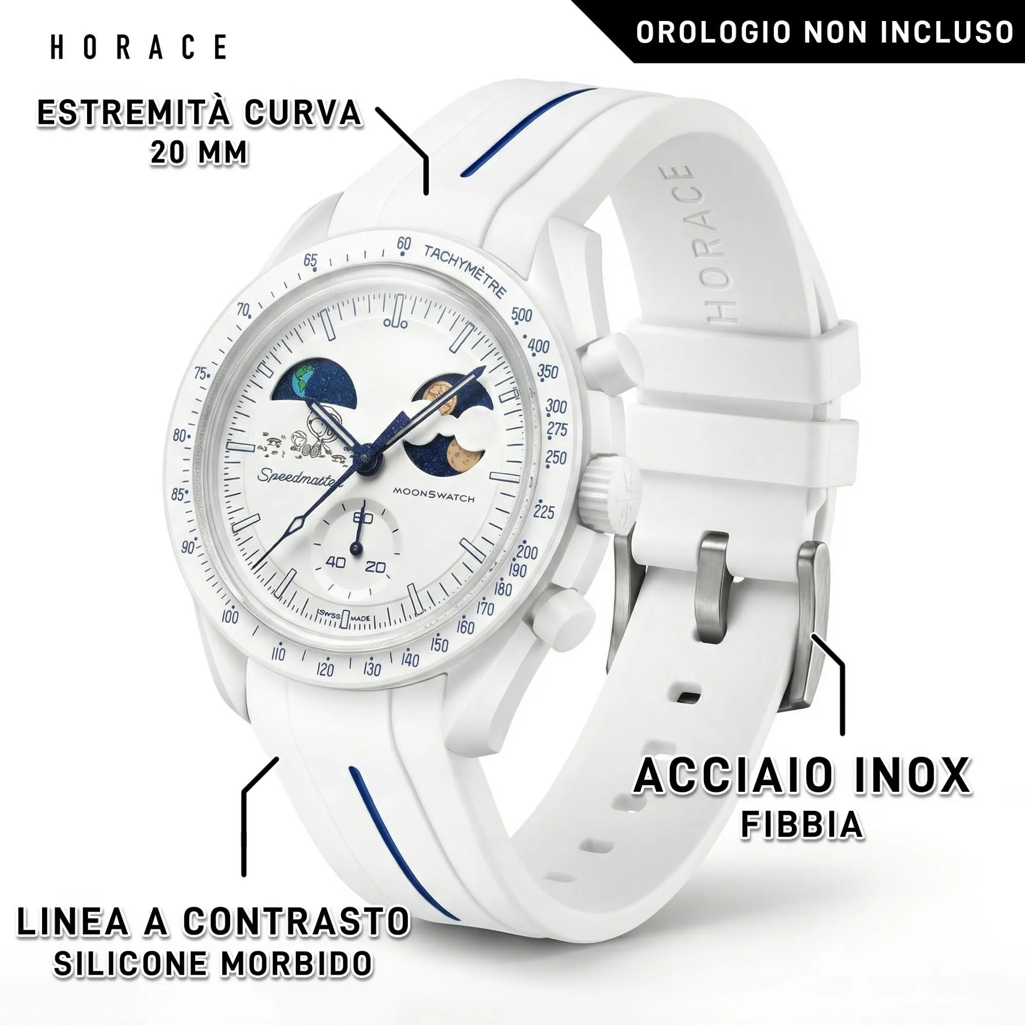 HORACE Cinturino universale per orologio in silicone liquido 20mm – Compatibile Omega x Swatch MoonSwatch – Kit di montaggio incluso (Bianco/Linea Blu – Argento) - immagine 2