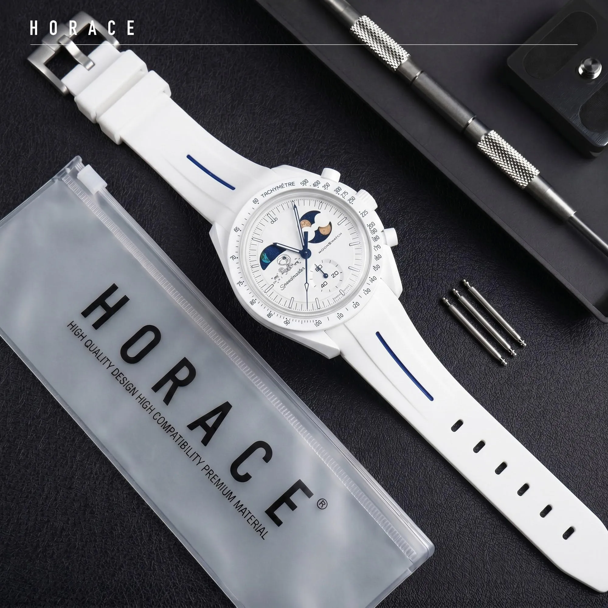 HORACE Cinturino universale per orologio in silicone liquido 20mm – Compatibile Omega x Swatch MoonSwatch – Kit di montaggio incluso (Bianco/Linea Blu – Argento) - immagine 3