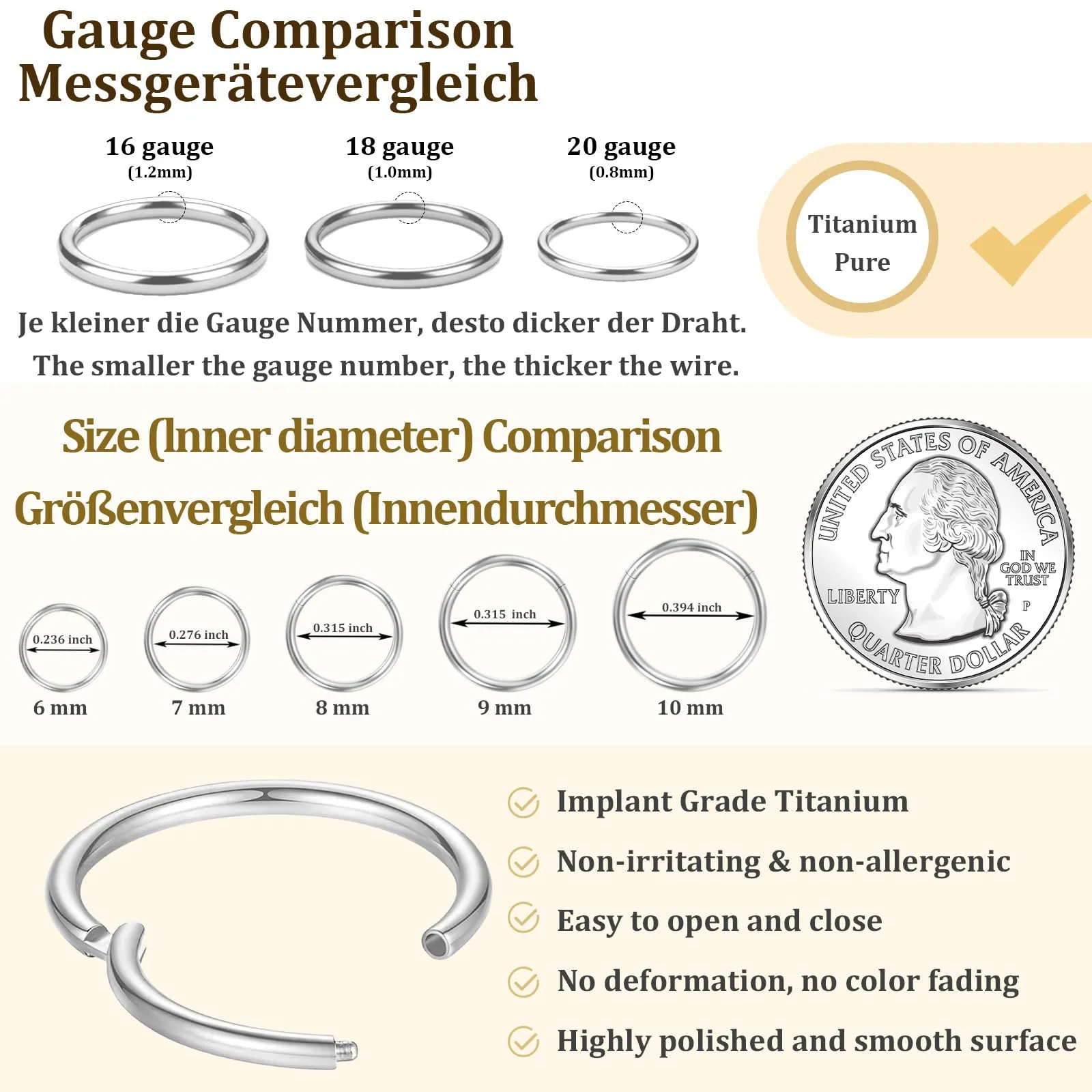 Anello da naso in titanio da 20 G, 18 G, 16 G, orecchini a cerchio per cartilagine, per donne e uomini, in argento e oro, anello per setto nasale, trago, conchiglia, elice, daith, piercing per labbro - immagine 3