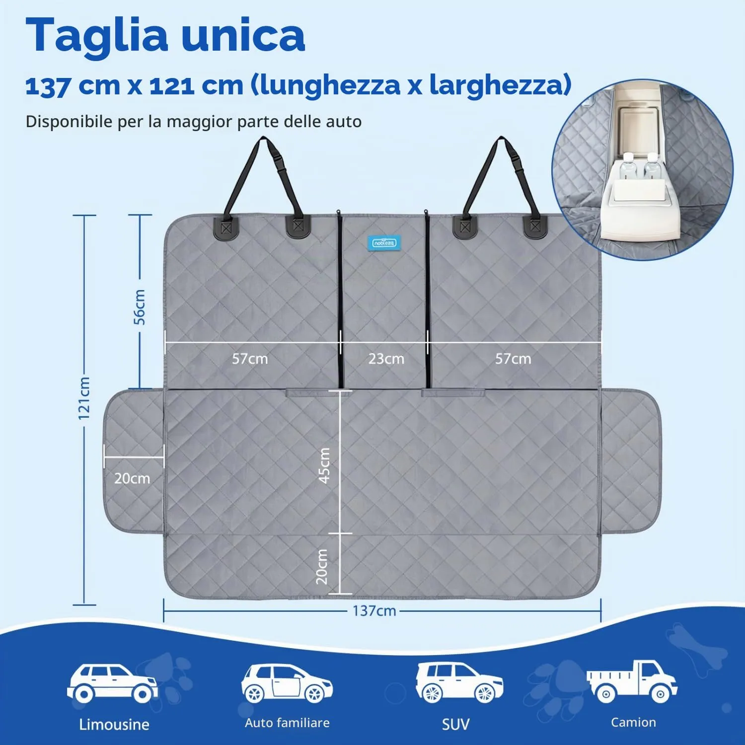 Nobleza Telo Auto per Cani 137×121 CM, Coprisedile Auto per Cani Compatibile con Braccioli, Impermeabile Antigraffiato e Antiscivolo, Coprisedile Posteriore Auto Universale, Grigio - immagine 2