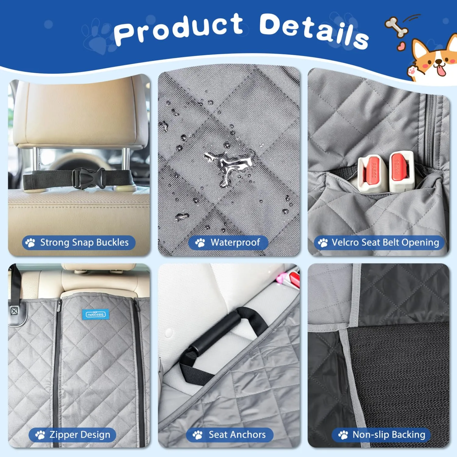 Nobleza Telo Auto per Cani 137×121 CM, Coprisedile Auto per Cani Compatibile con Braccioli, Impermeabile Antigraffiato e Antiscivolo, Coprisedile Posteriore Auto Universale, Grigio - immagine 3