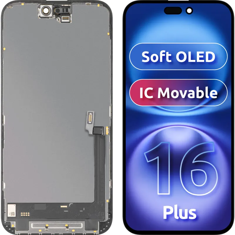 Display con Touchscreen MP compatibile con Apple iPhone 16 Plus, con Cornice, Versione Soft OLED IC Movable FHD, Nero - immagine 1