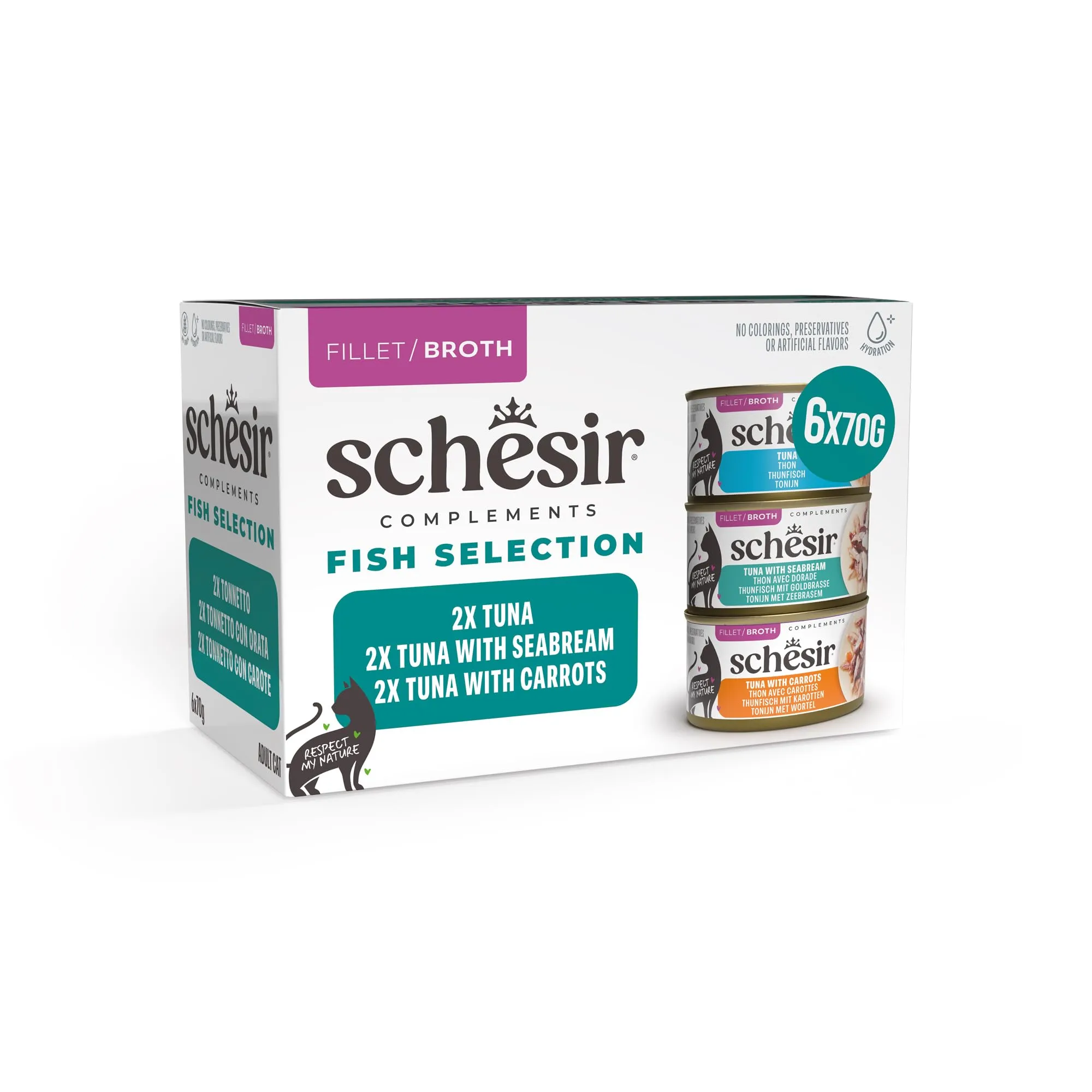 Schesir, Variety Pack, Alimento Umido per Gatti, in Brodo, con Vitamine Aggiunte, 100% Filetti Naturali, 6 lattine da 70g - immagine 1