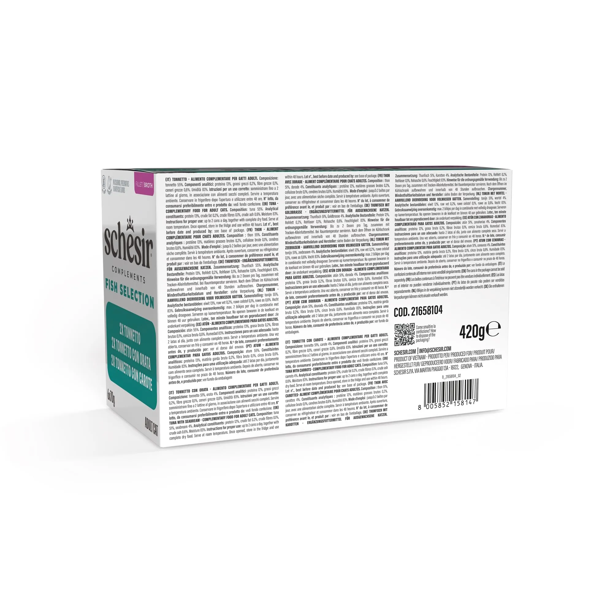 Schesir, Variety Pack, Alimento Umido per Gatti, in Brodo, con Vitamine Aggiunte, 100% Filetti Naturali, 6 lattine da 70g - immagine 2